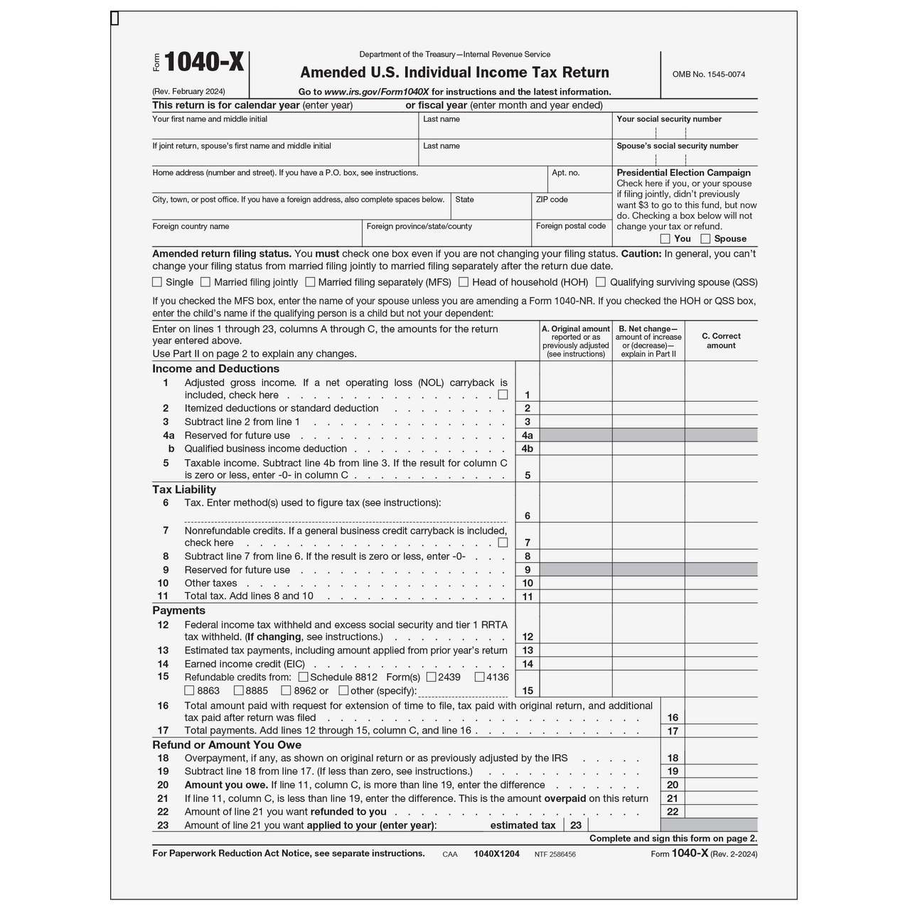 1040X1204 Form 1040 X Amended U S Individual Income Tax Return Page 1 2 Greatland