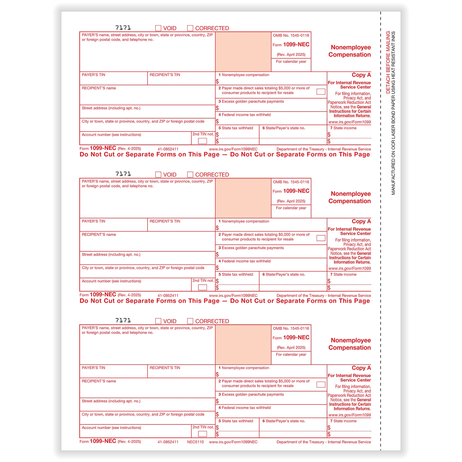 1099 NEC 3 Up Individual Federal Copy A Formstax
