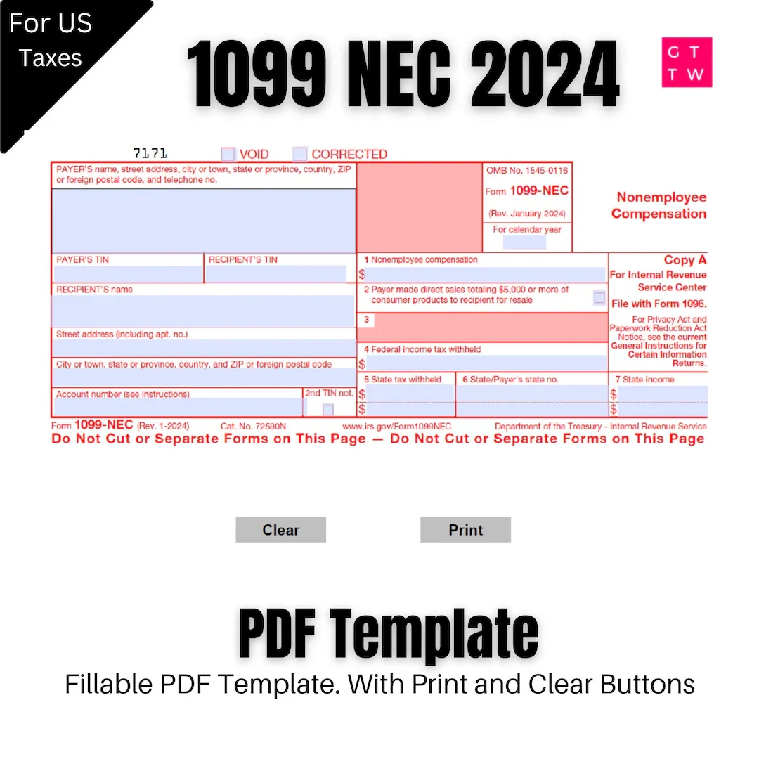 1099 NEC Editable PDF Fillable Template 2024 With Print And Clear Buttons Courier Font Etsy