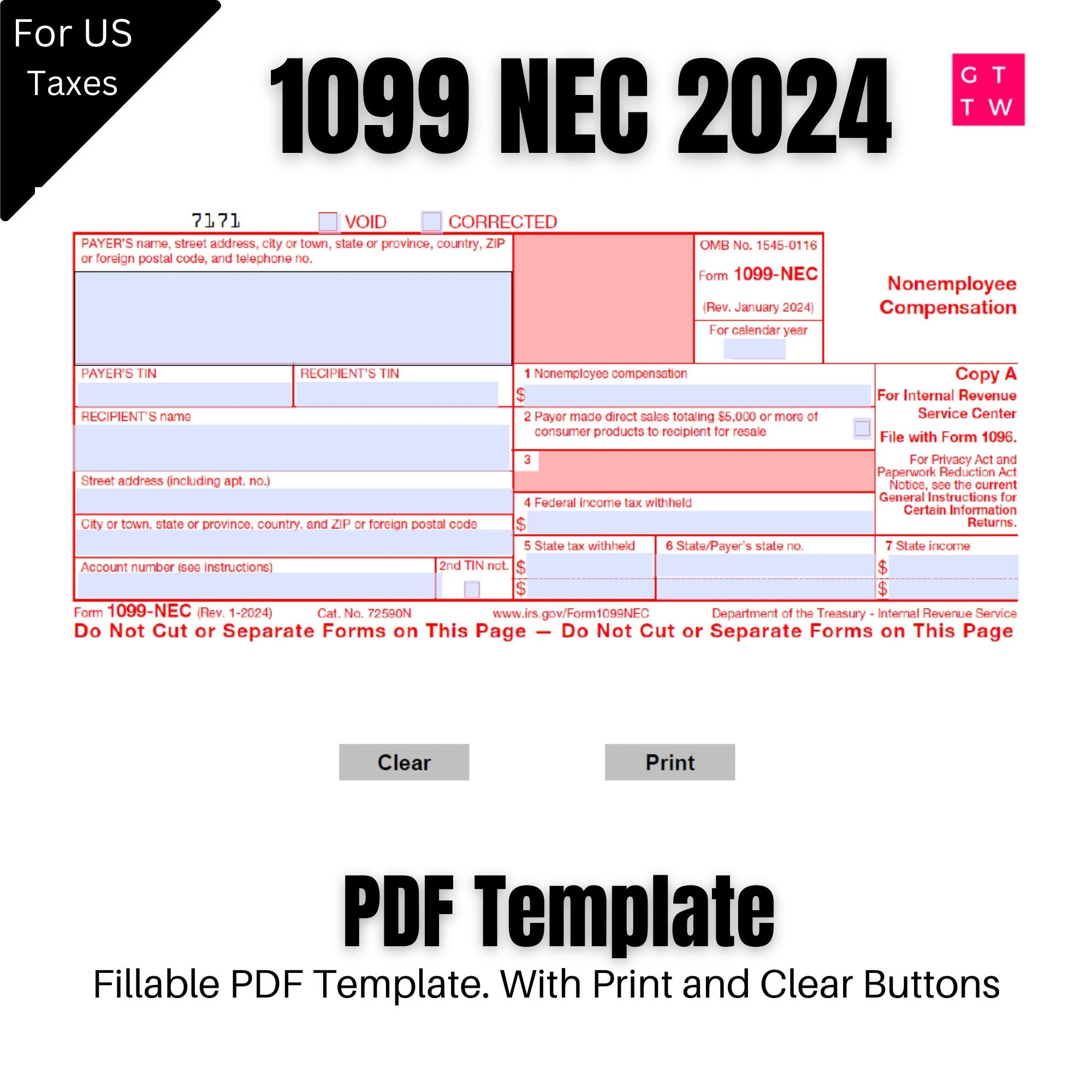 1099 NEC Editable PDF Fillable Template 2024 With Print And Clear Buttons Courier Font Etsy Israel