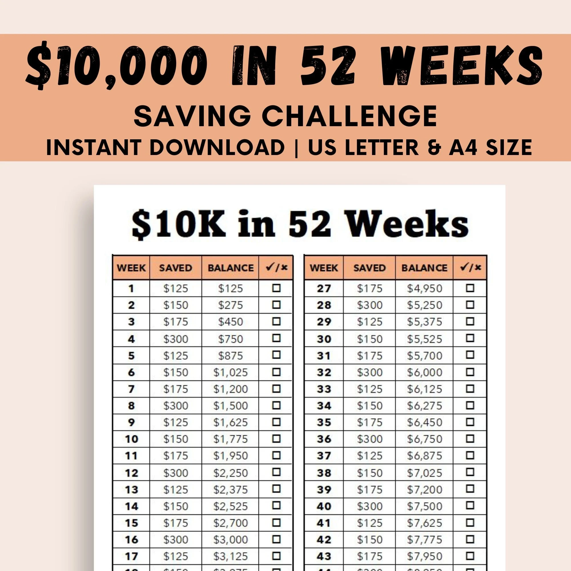 10K Savings Challenge Printable 52 Week Money Tracker US Letter A4 digital Download Etsy