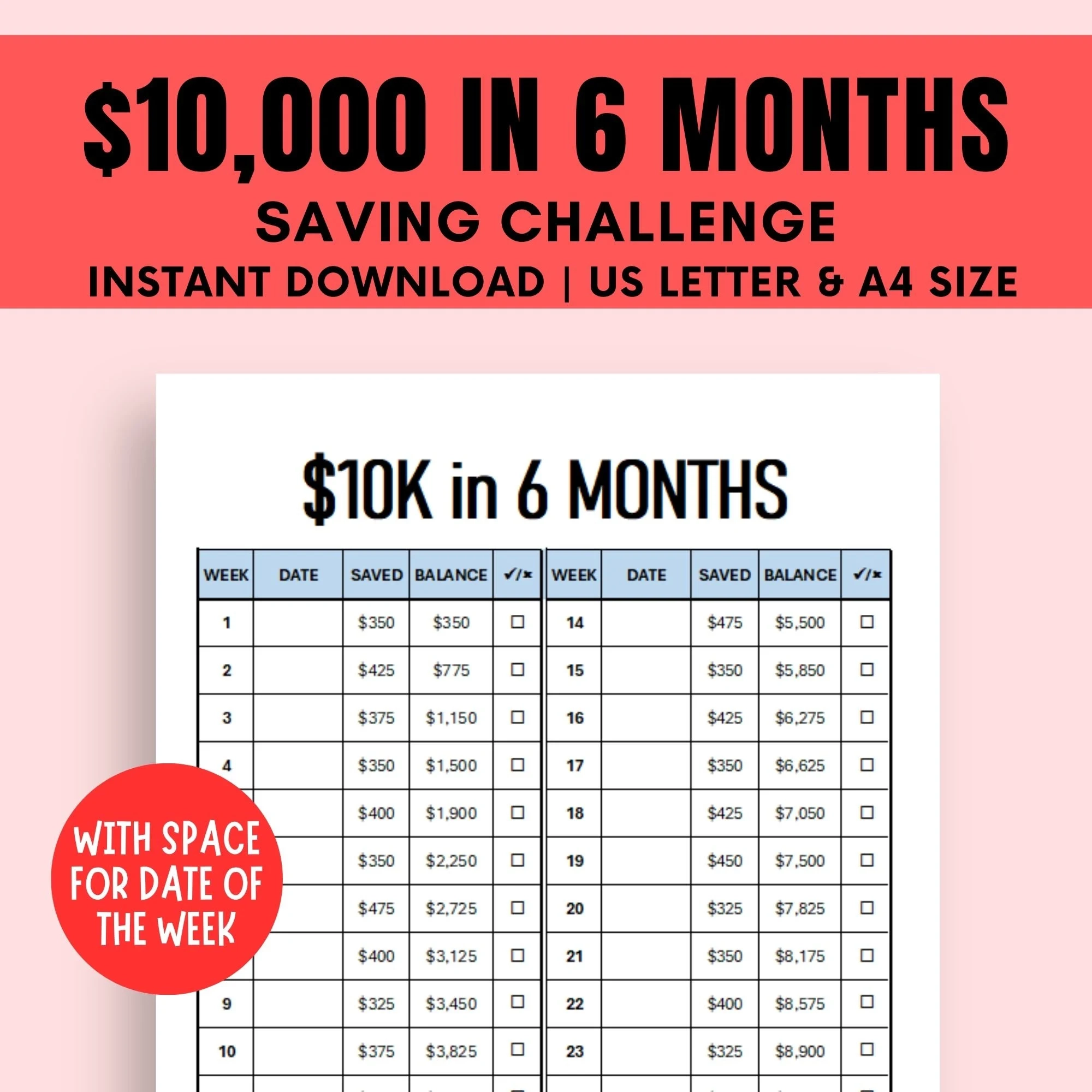 10K Savings Challenge Printable 6 month Tracker PDF Etsy