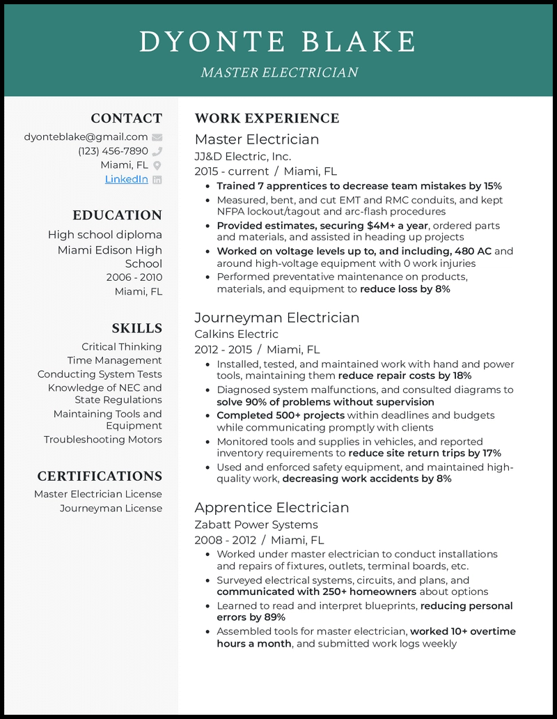 12 Electrician Resume Examples Templates