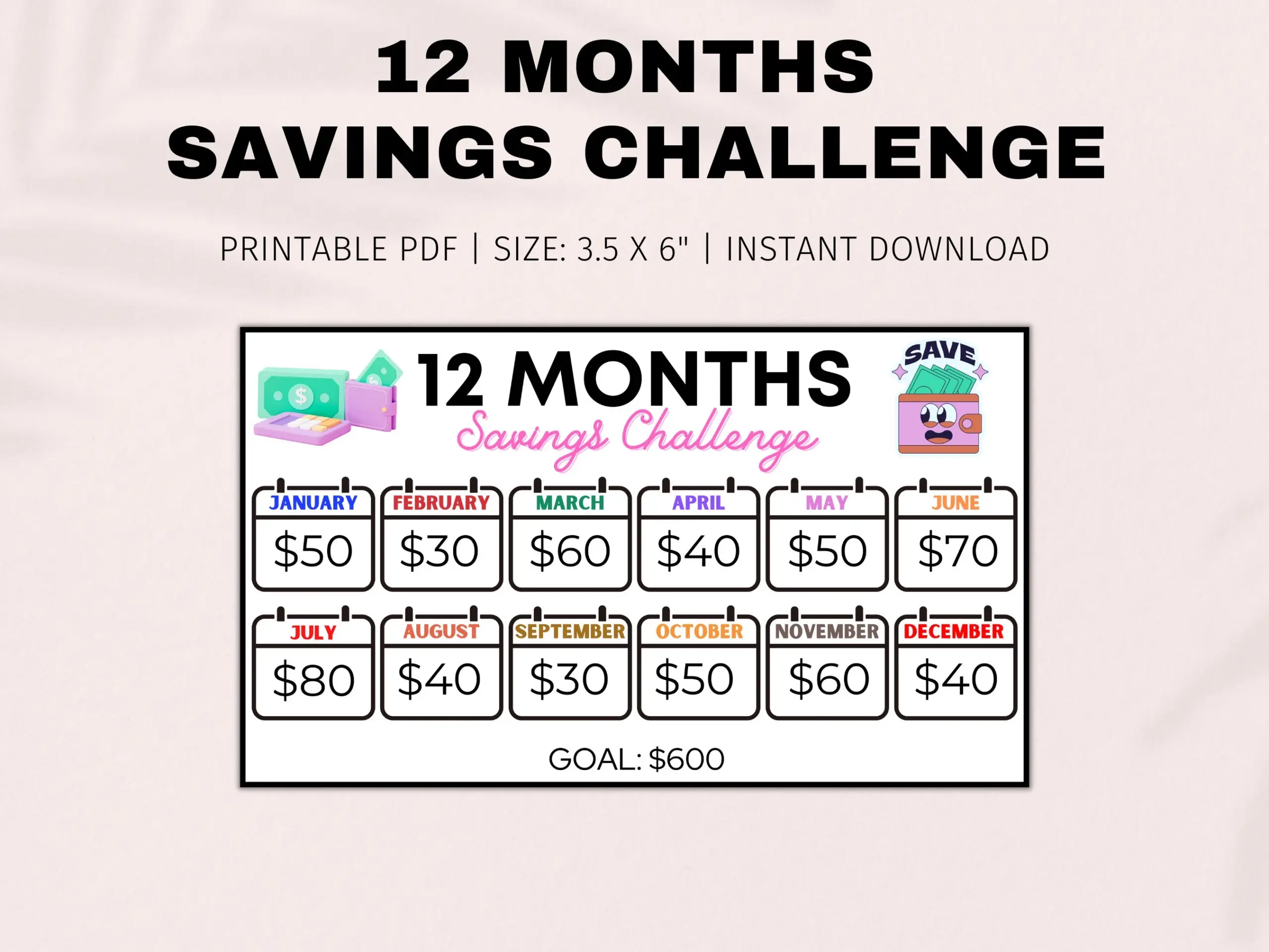 12 Month Savings Challenge Printable Savings Tracker Save 600 Dollars Fits A6 Cash Envelopes A6 Budget Binder Inserts Cash Stuffing Etsy