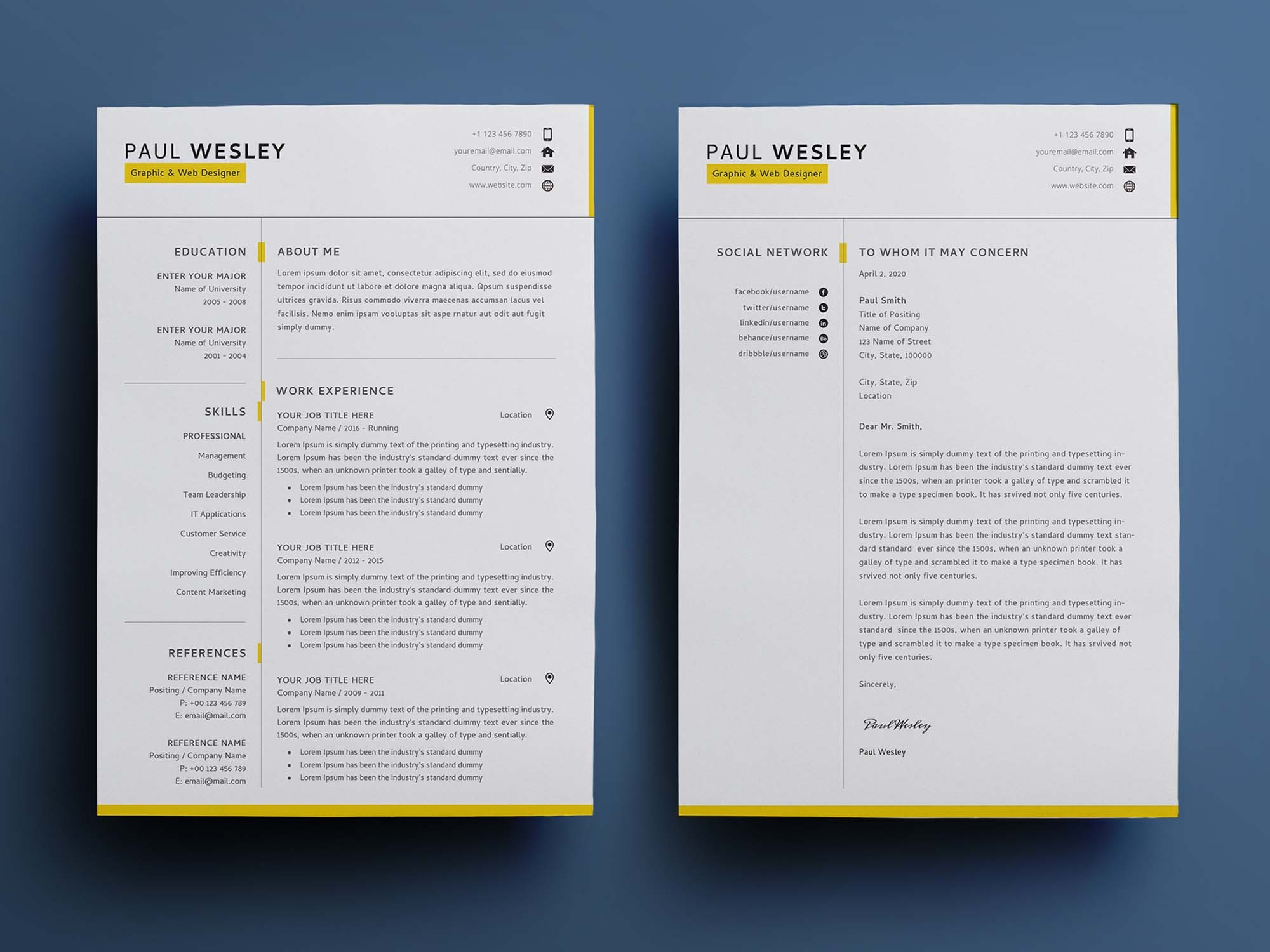 2 Page Free Resume Template PSD
