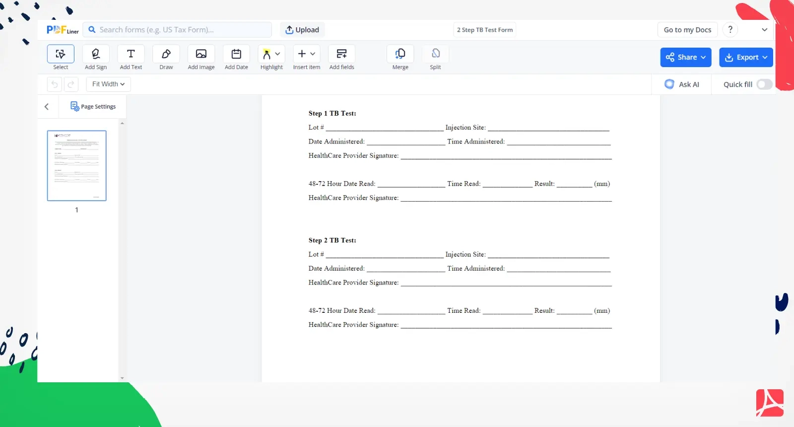 blank free printable tb test form