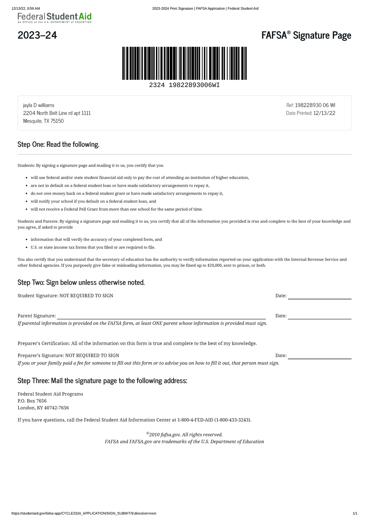 2023 2024 FAFSA Signature Page For Federal Student Aid Processing Studocu