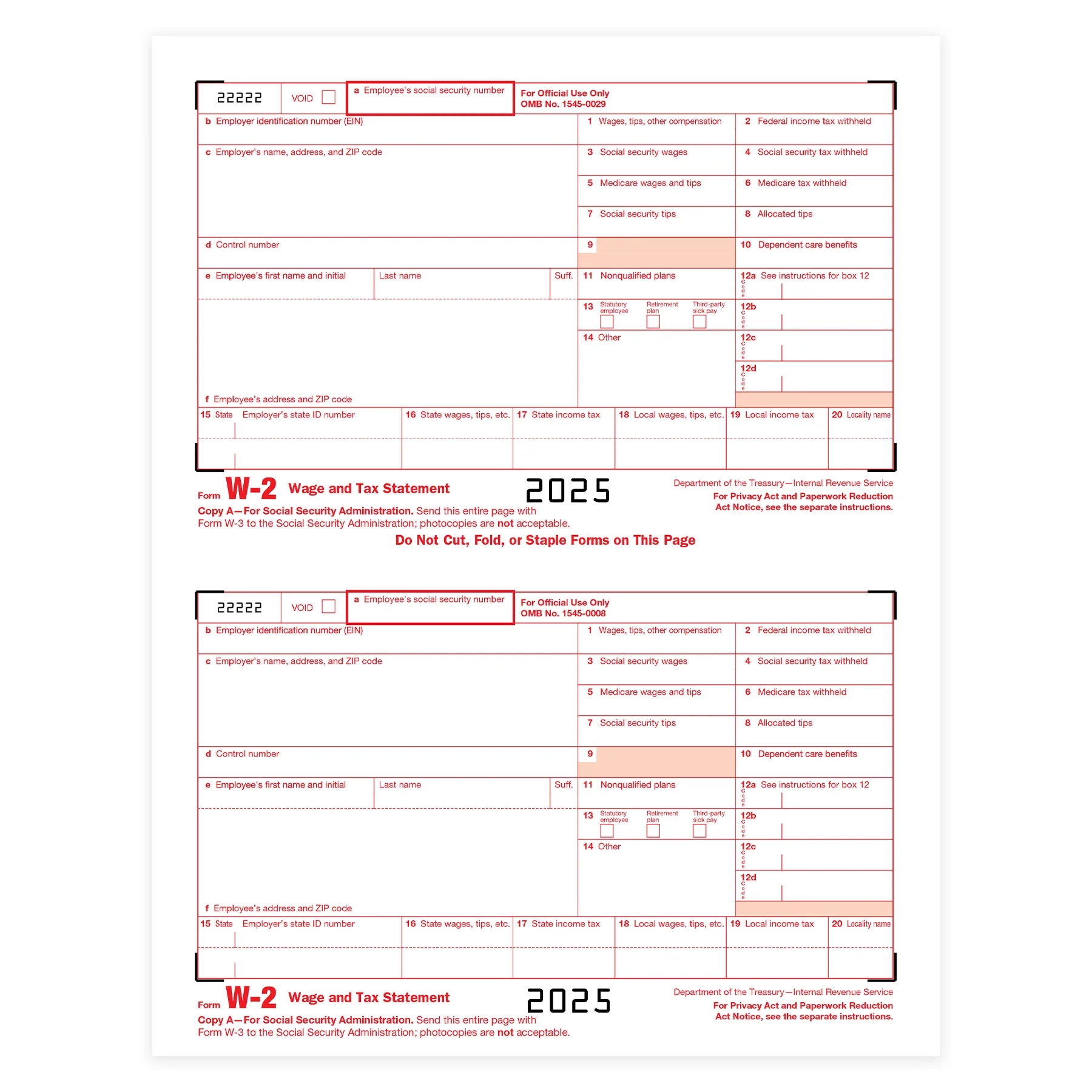 2025 Blue Summit Supplies Tax Forms W2 Copy A Forms 50 Pack 25 Shee