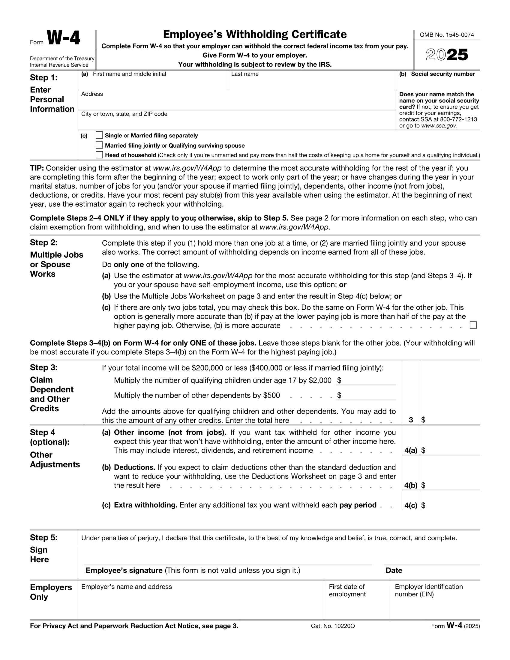 2025 IRS Form W 4 Fill Out Print Free PDF