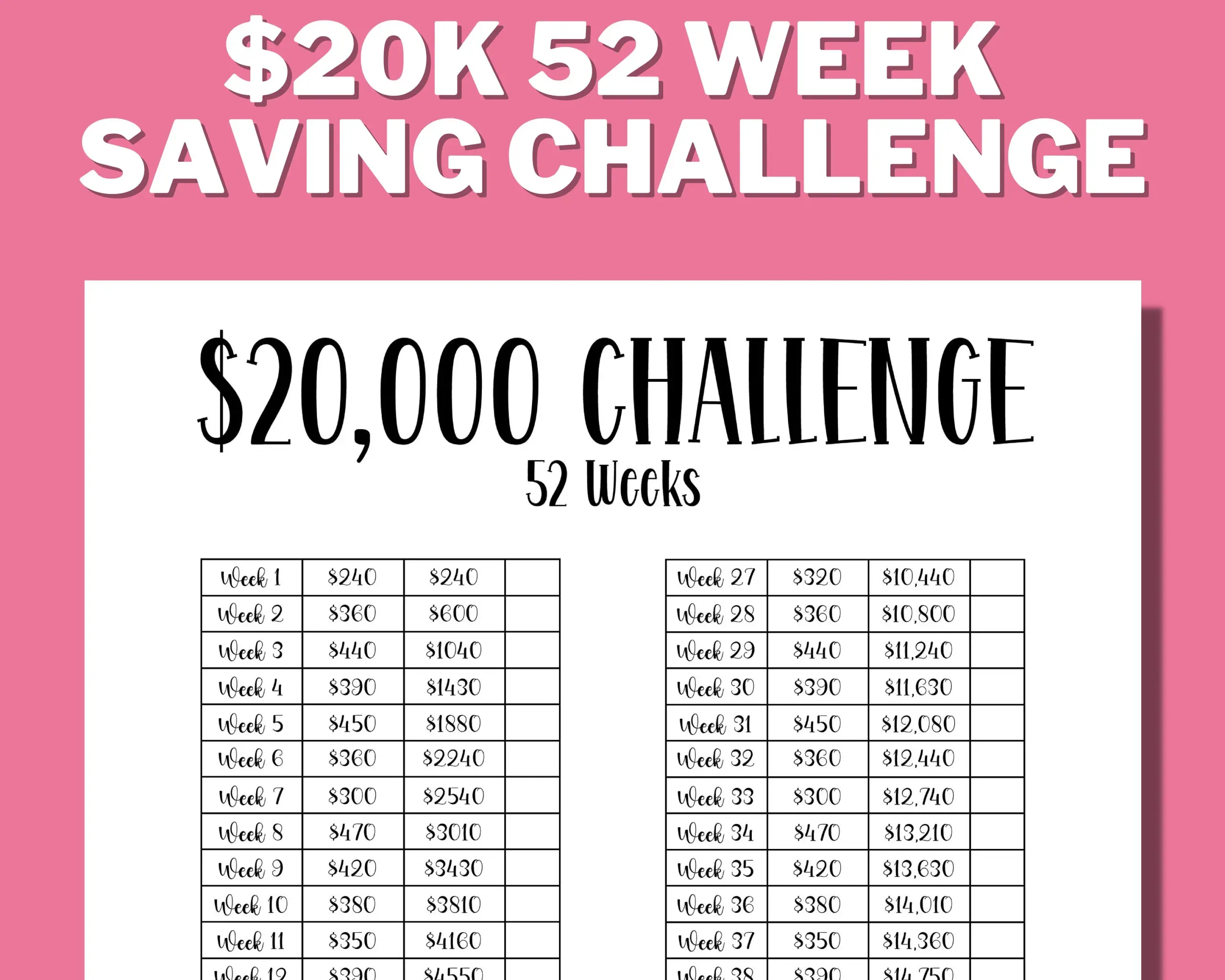 20K 52 Week Saving Challenge Printable 20000 In 1 Year House Savings 20K Savings Challenge Savings Goal US Letter Instant Download Etsy