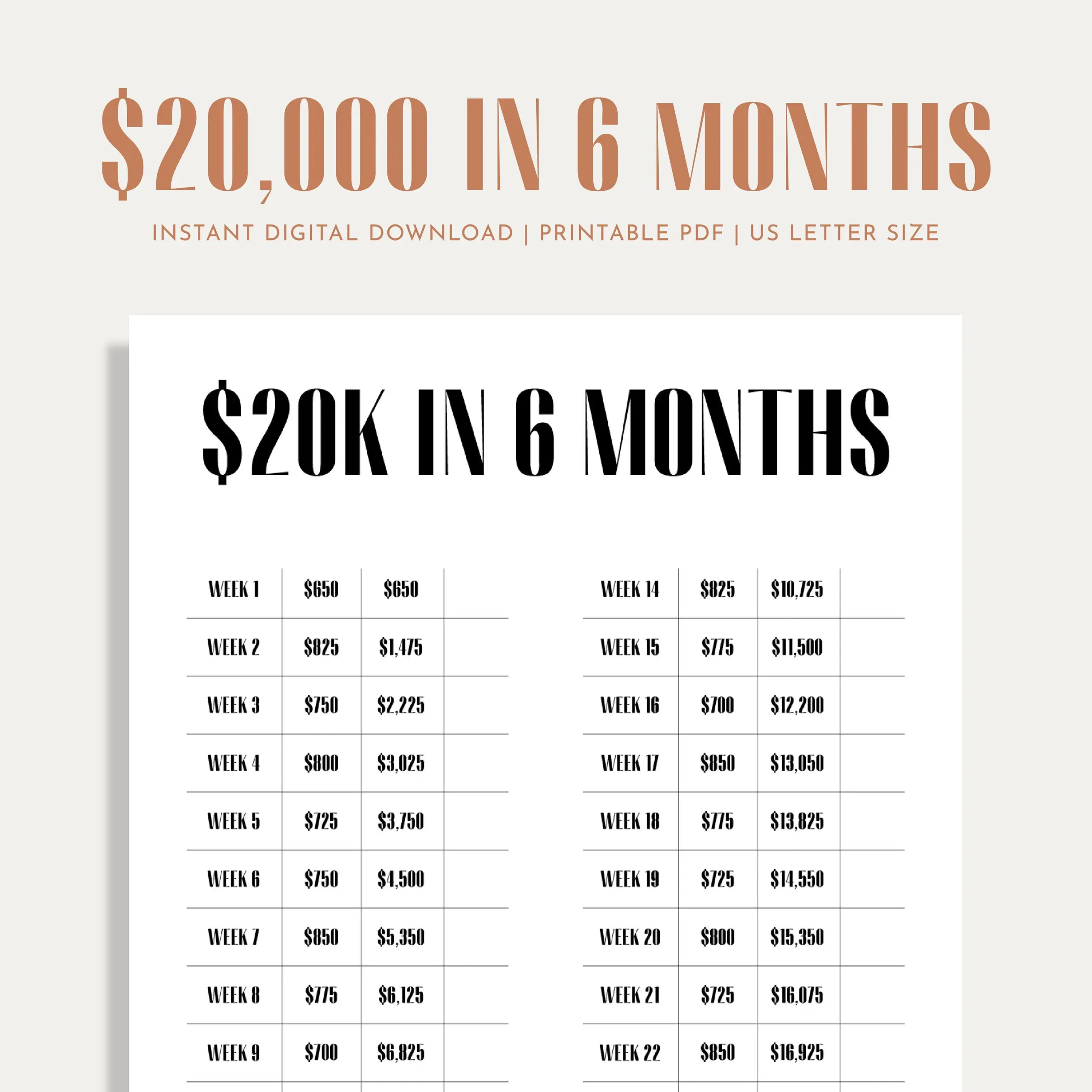 20K Savings Challenge Savings Tracker Money Challenge 26 Weeks 6 Months Digital Download PDF Printable Etsy