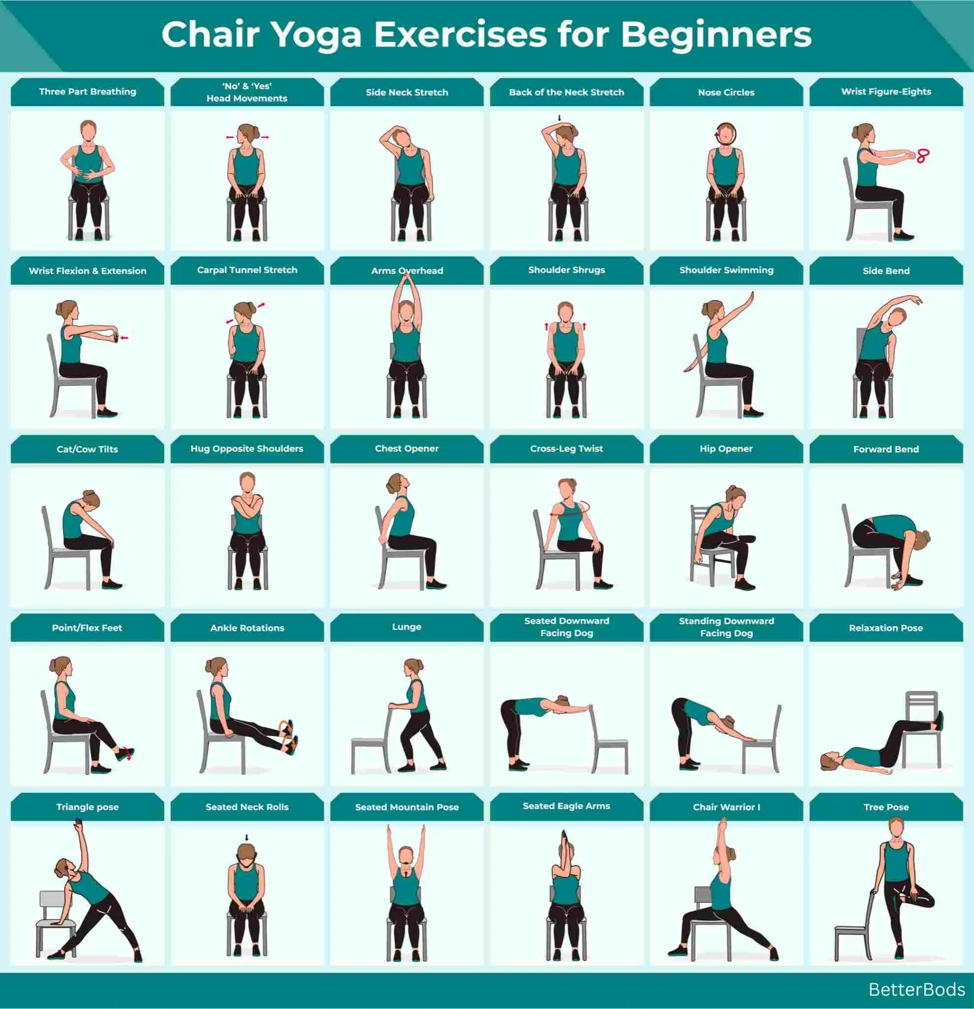 24 Chair Yoga Pose For Beginners Flashcard Card Sauna Stretch Chart 30 Day Workout Poster Challenge PDF Exercise Home Desk Physical Therapy Etsy