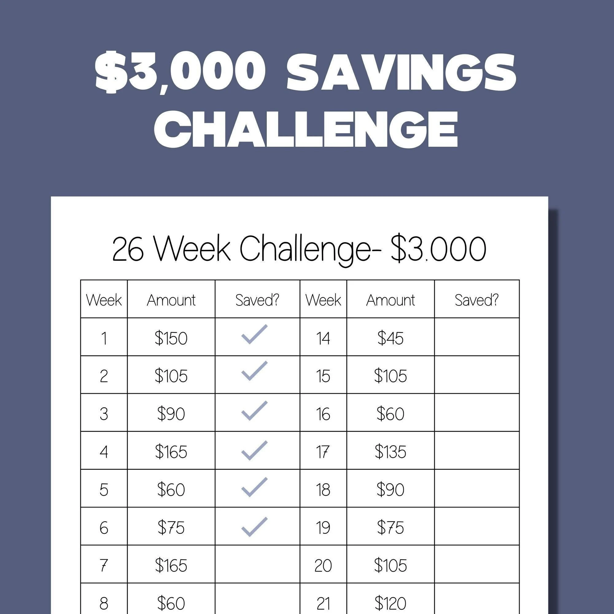 26 Week Savings Challenge 3k Savings Challenge Savings Printable Saving Tracker Saving Challenge 3000 Savings Envelope Challenge Etsy