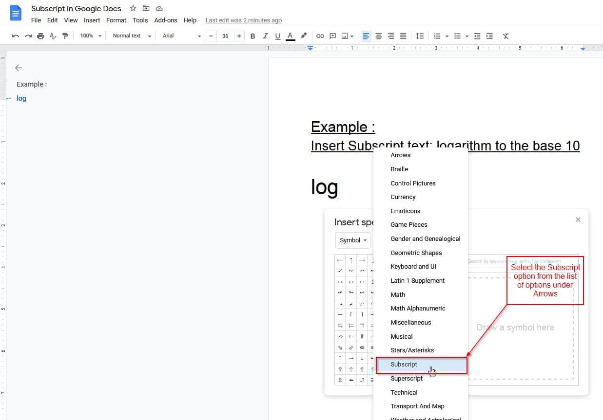 subscript in google docs