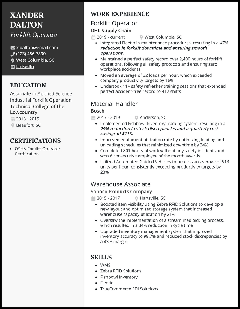 resume examples for forklift operator
