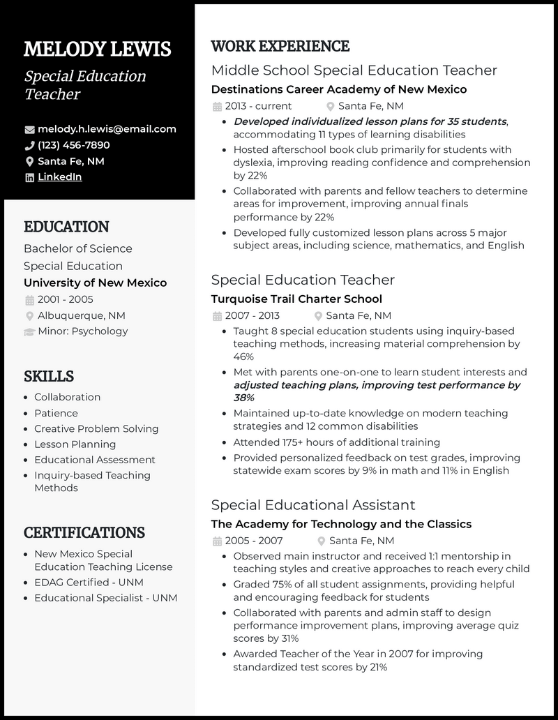 special needs teacher resume