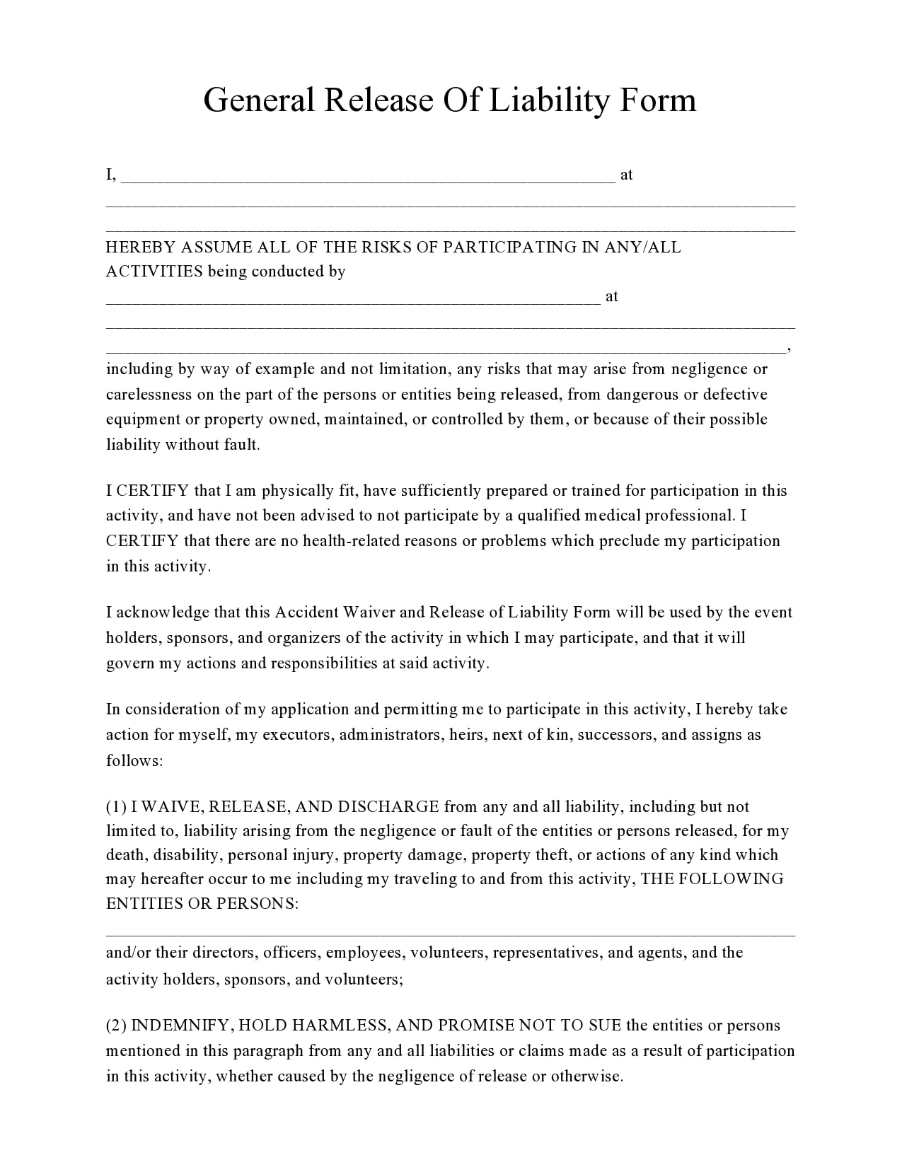 30 Editable General Release Of Liability Forms FREE TemplateArchive