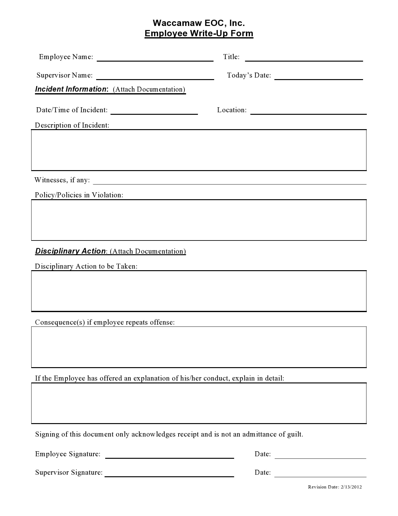 employee write up form free printable
