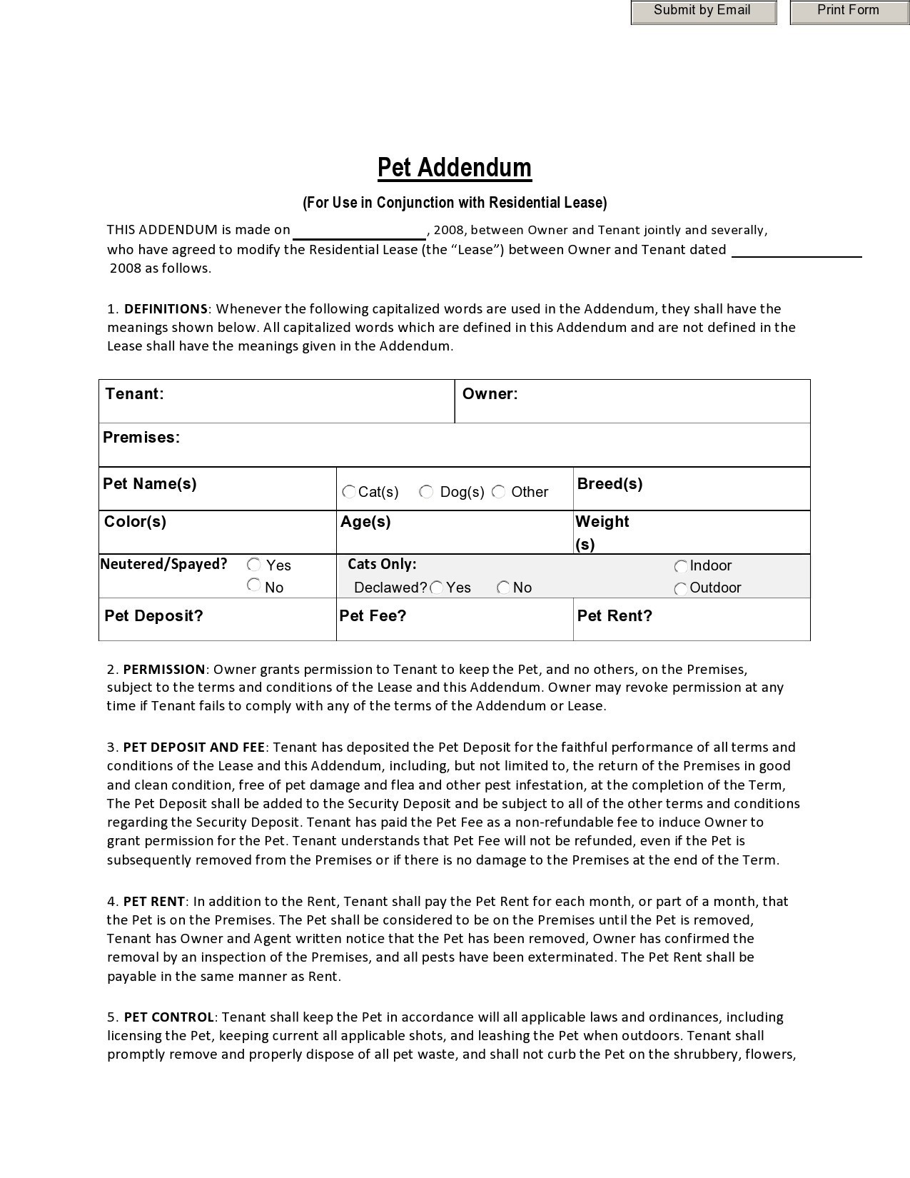 printable pet agreement form