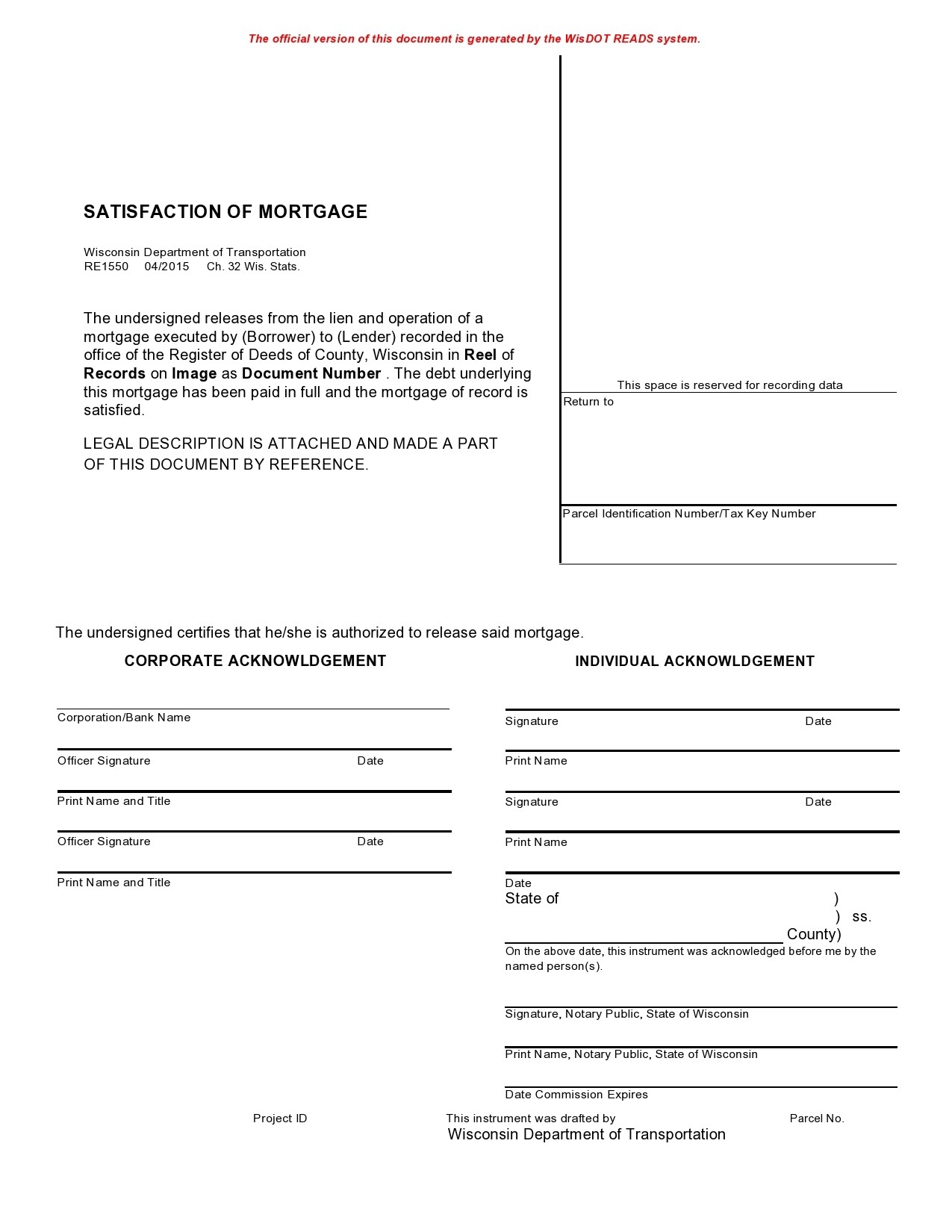 free printable satisfaction of mortgage form