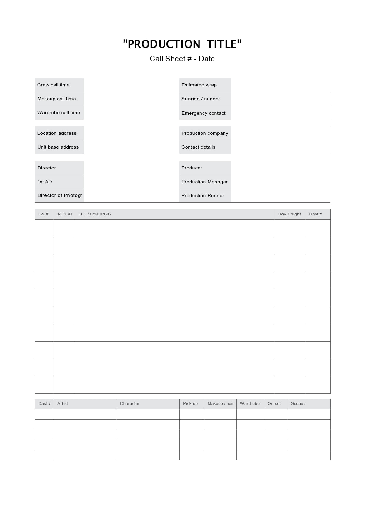 call sheet template word