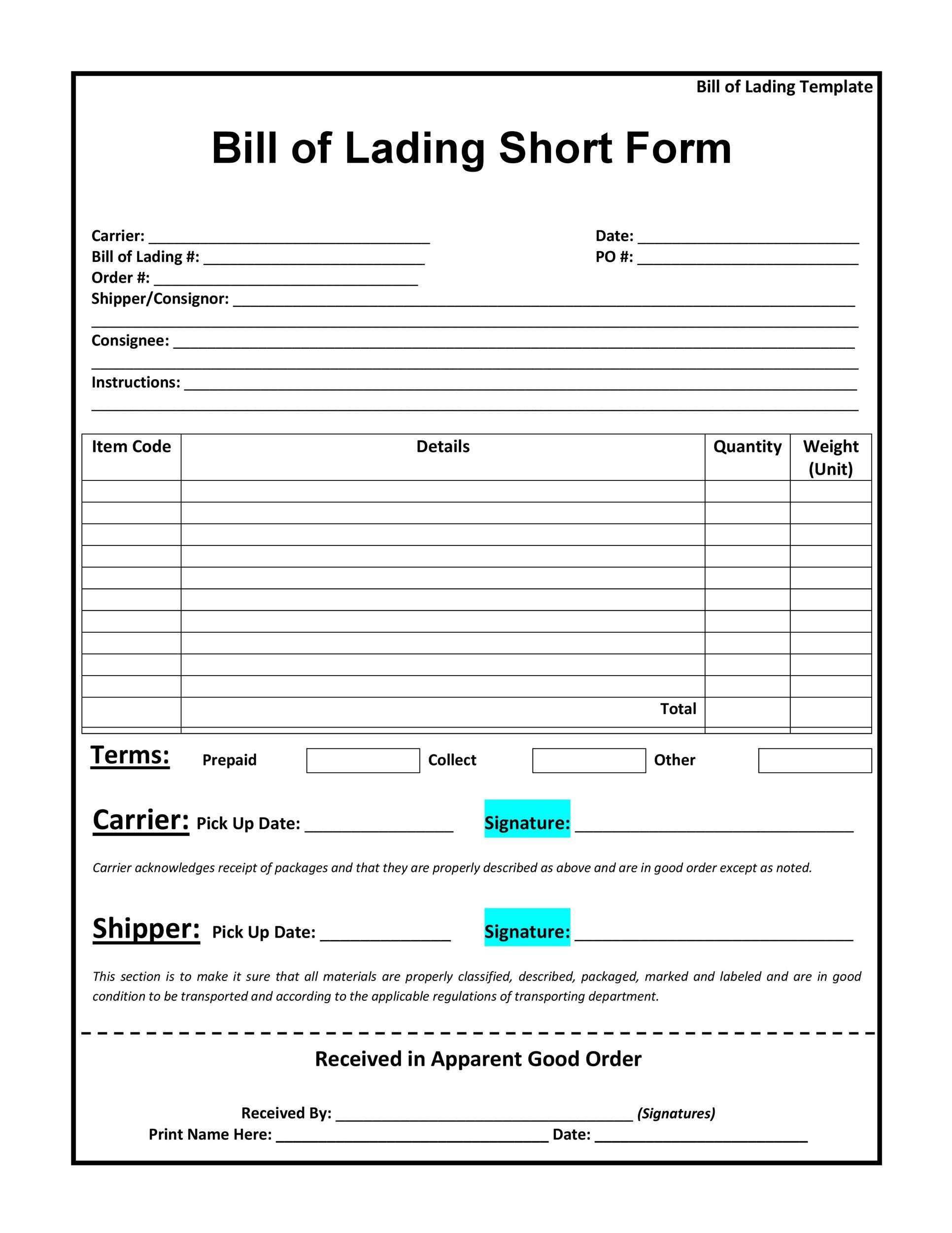 40 Free Bill Of Lading Forms Templates TemplateLab