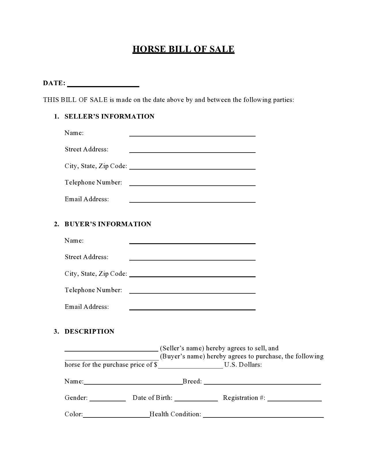 printable horse bill of sale form