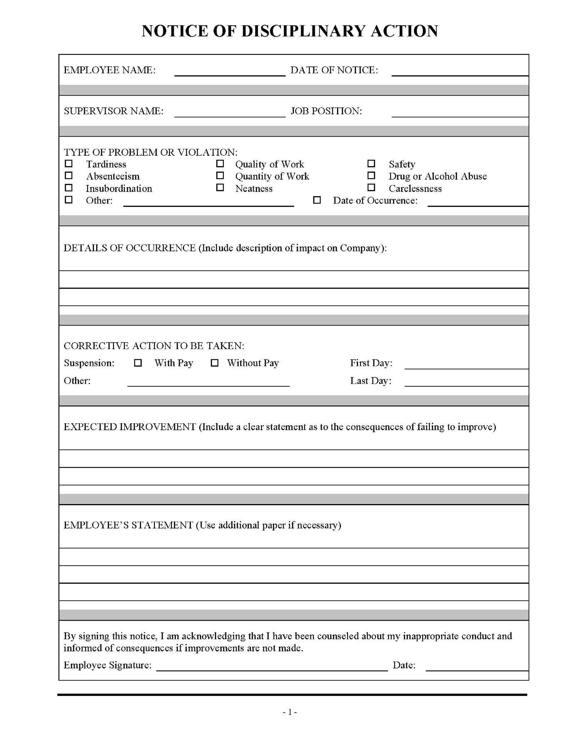 free printable employee write up form