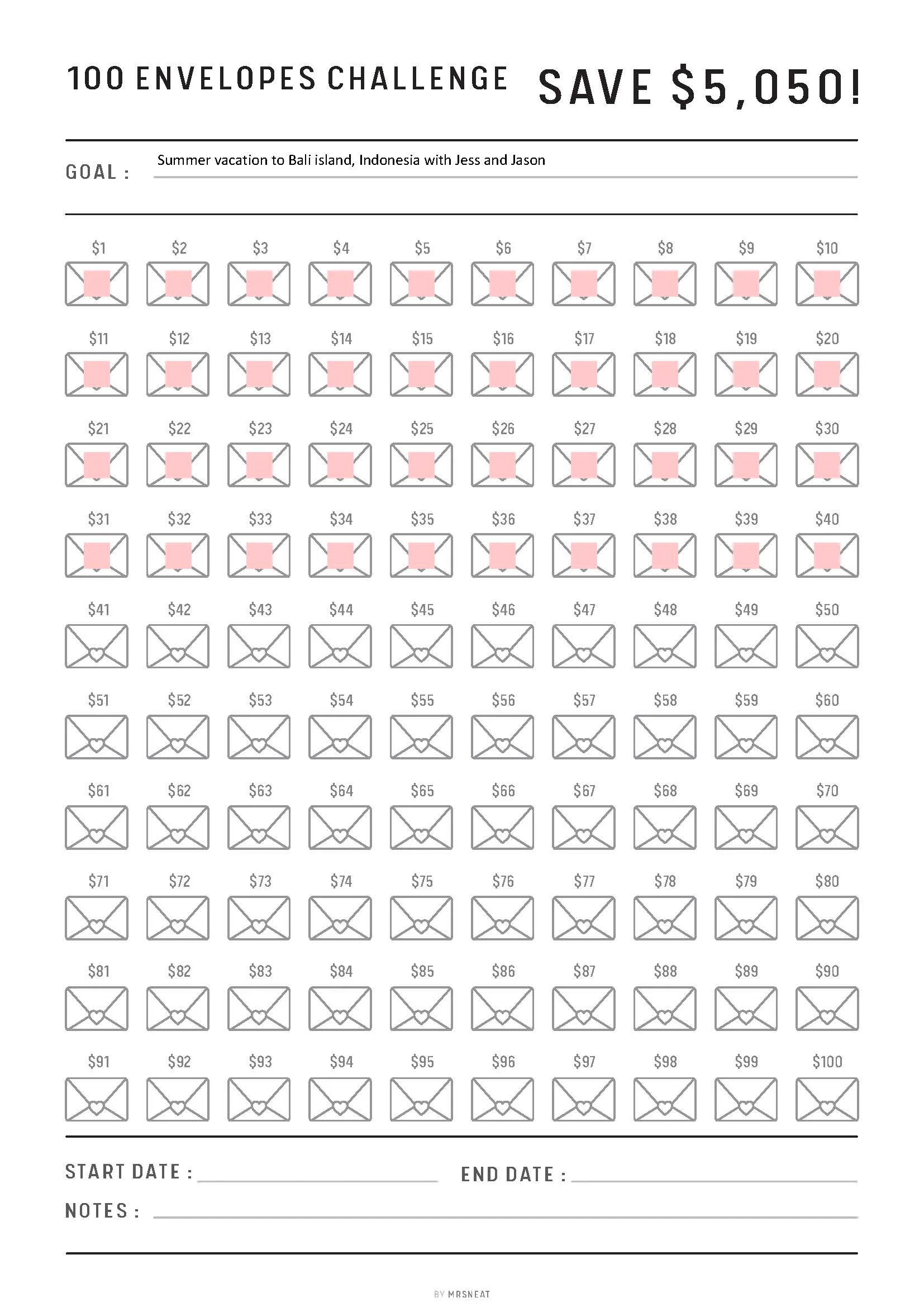 free printable 100 envelope challenge