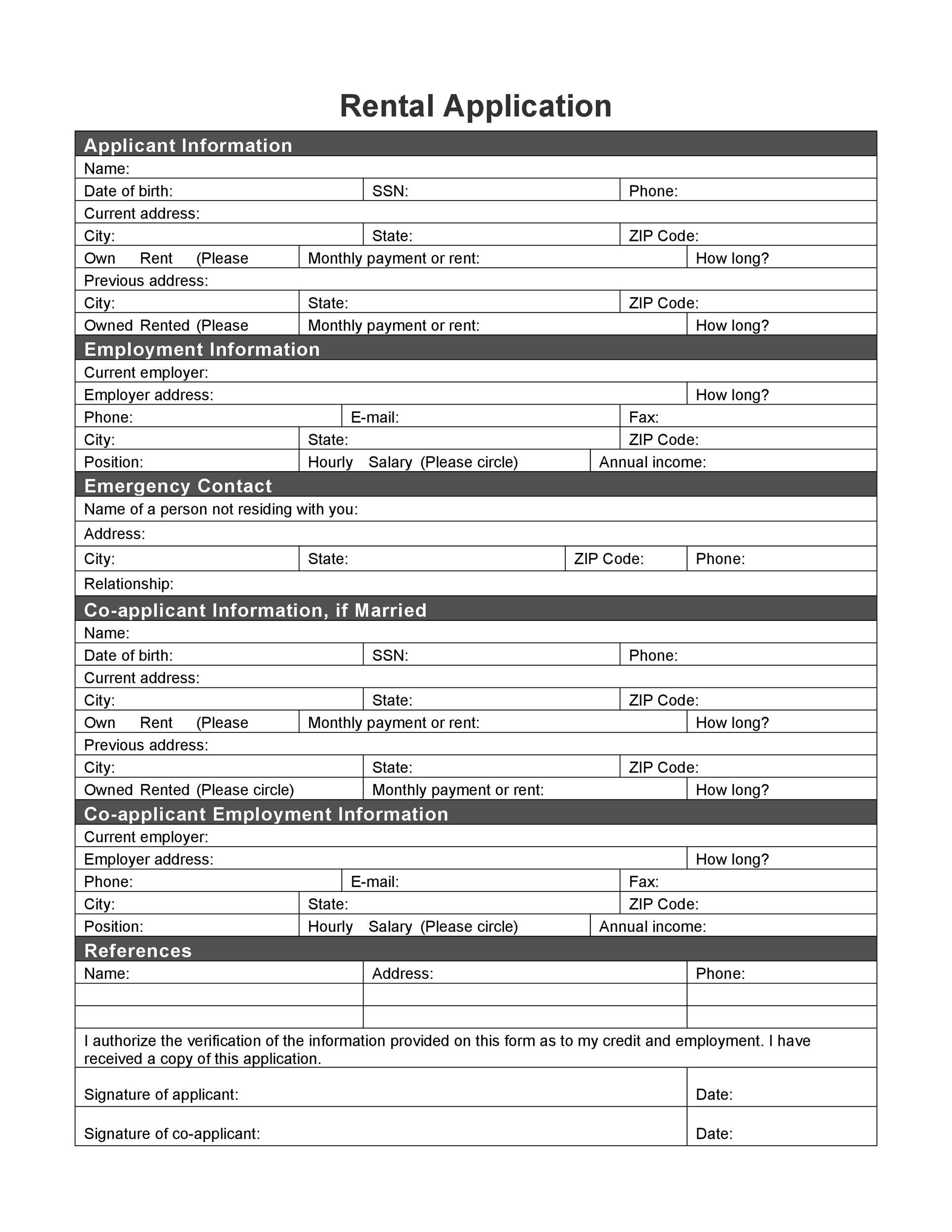 free printable rental application form