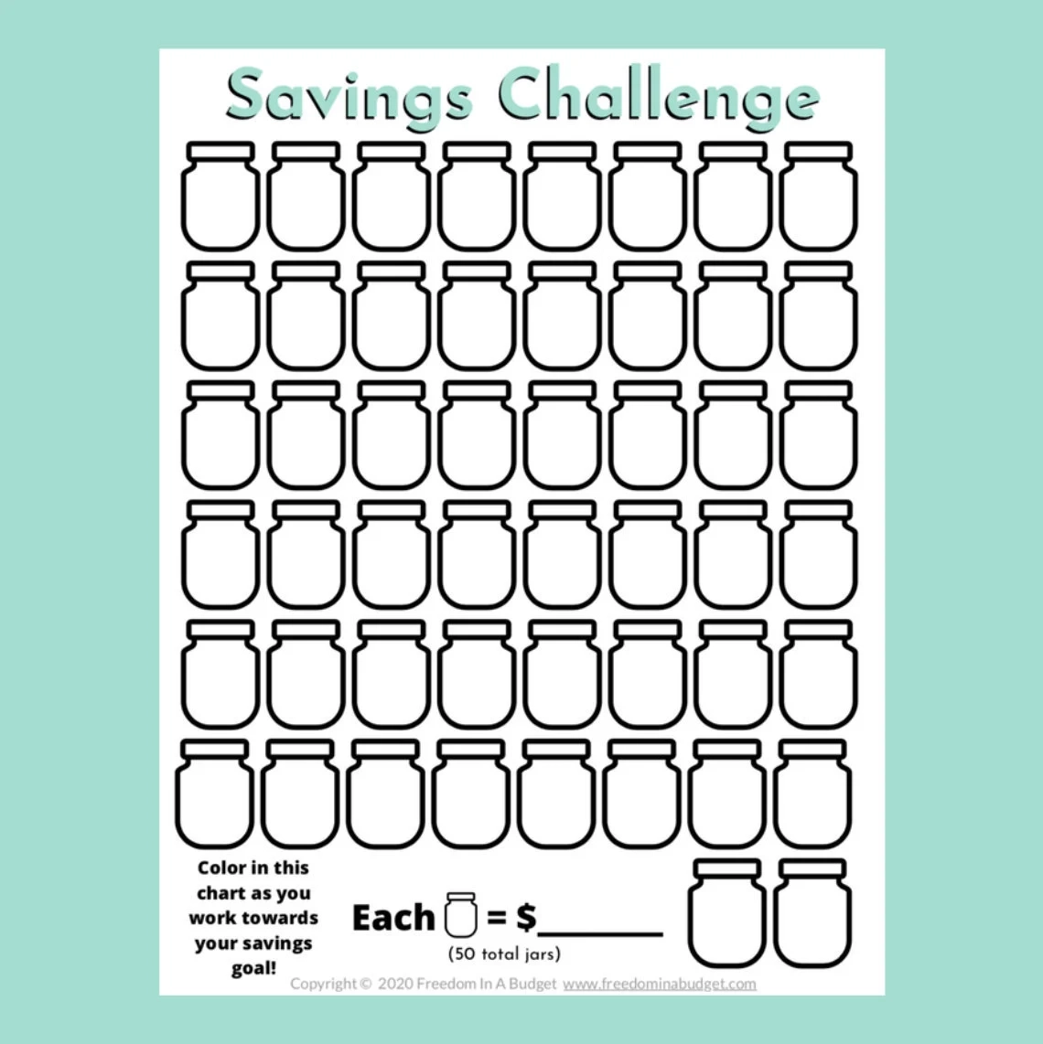 50 Jar Savings Challenge Tracker Printable PDF Etsy