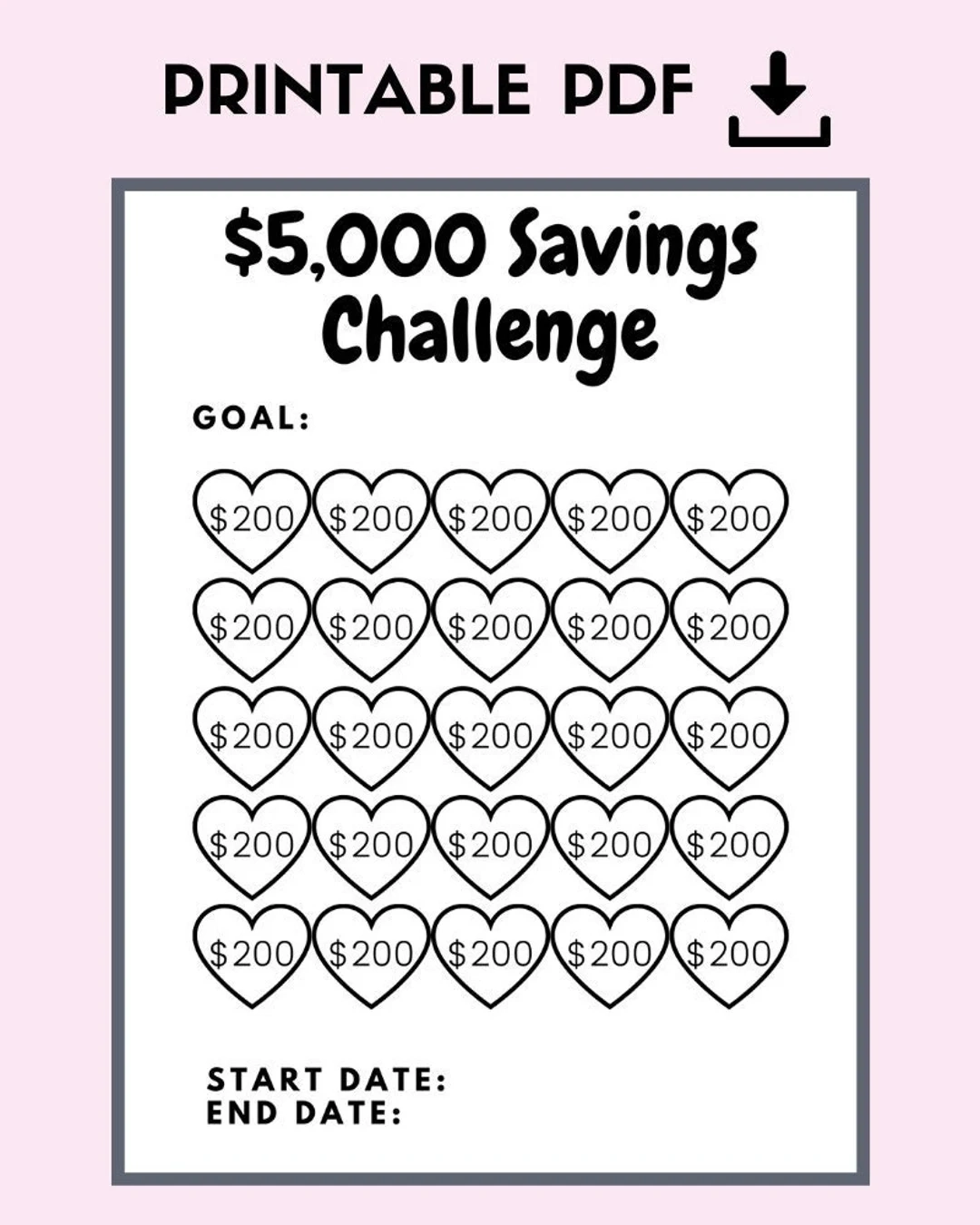 5000 Dollar Heart Savings Challenge Printable Tracker PDF Etsy