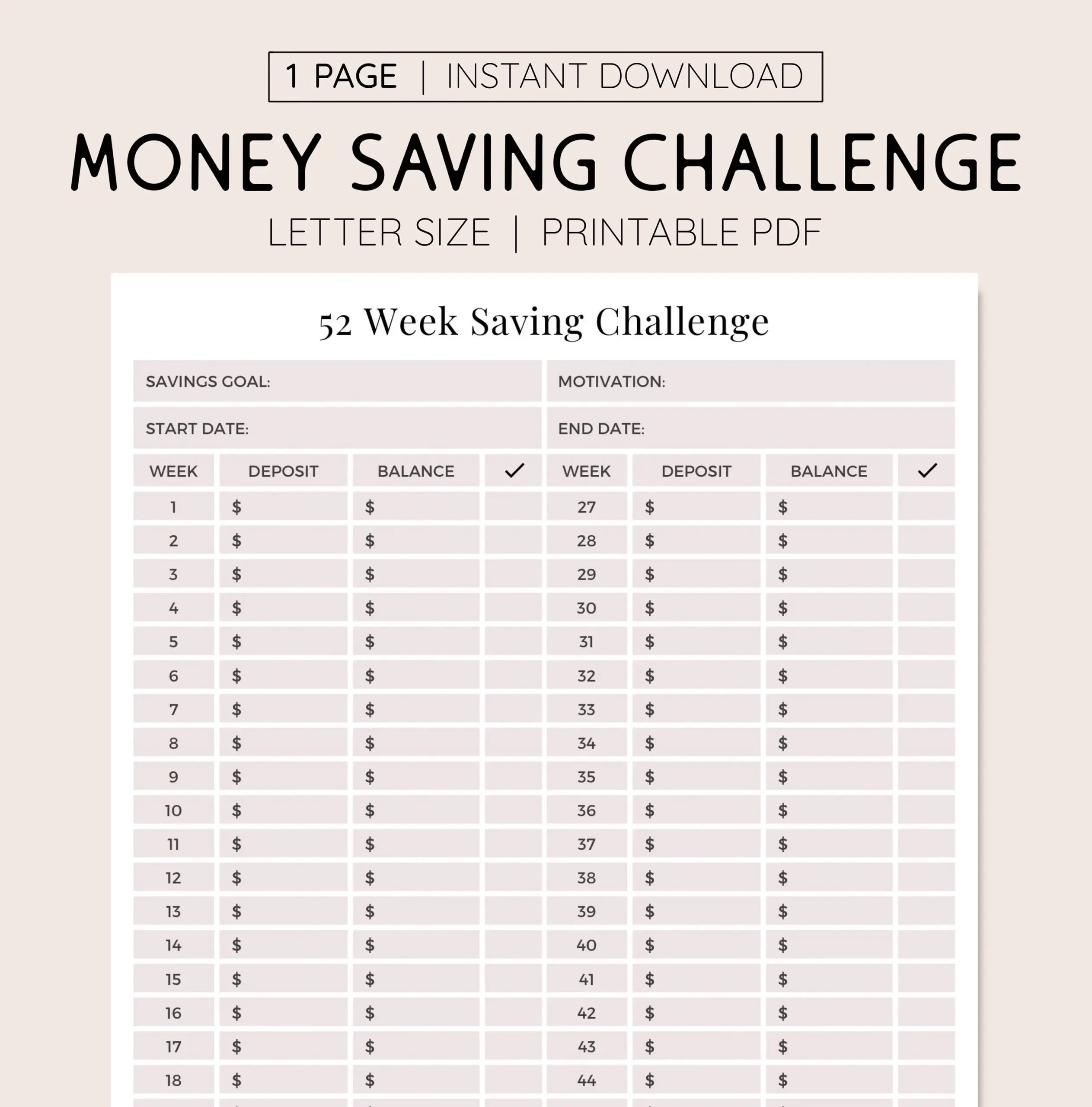 52 Week Savings Challenge Printable Yearly Goal Tracker PDF Etsy