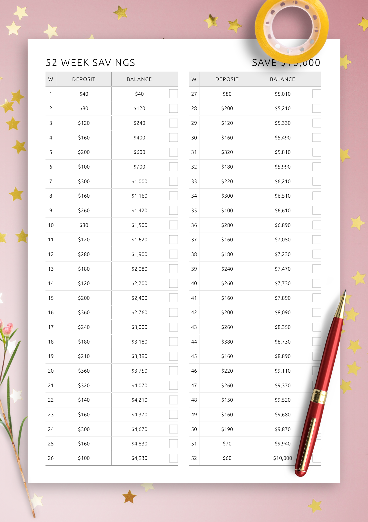 52 week money challenge $10000