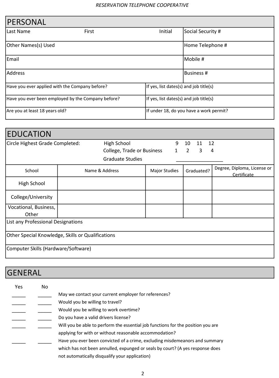 employment application form free printable