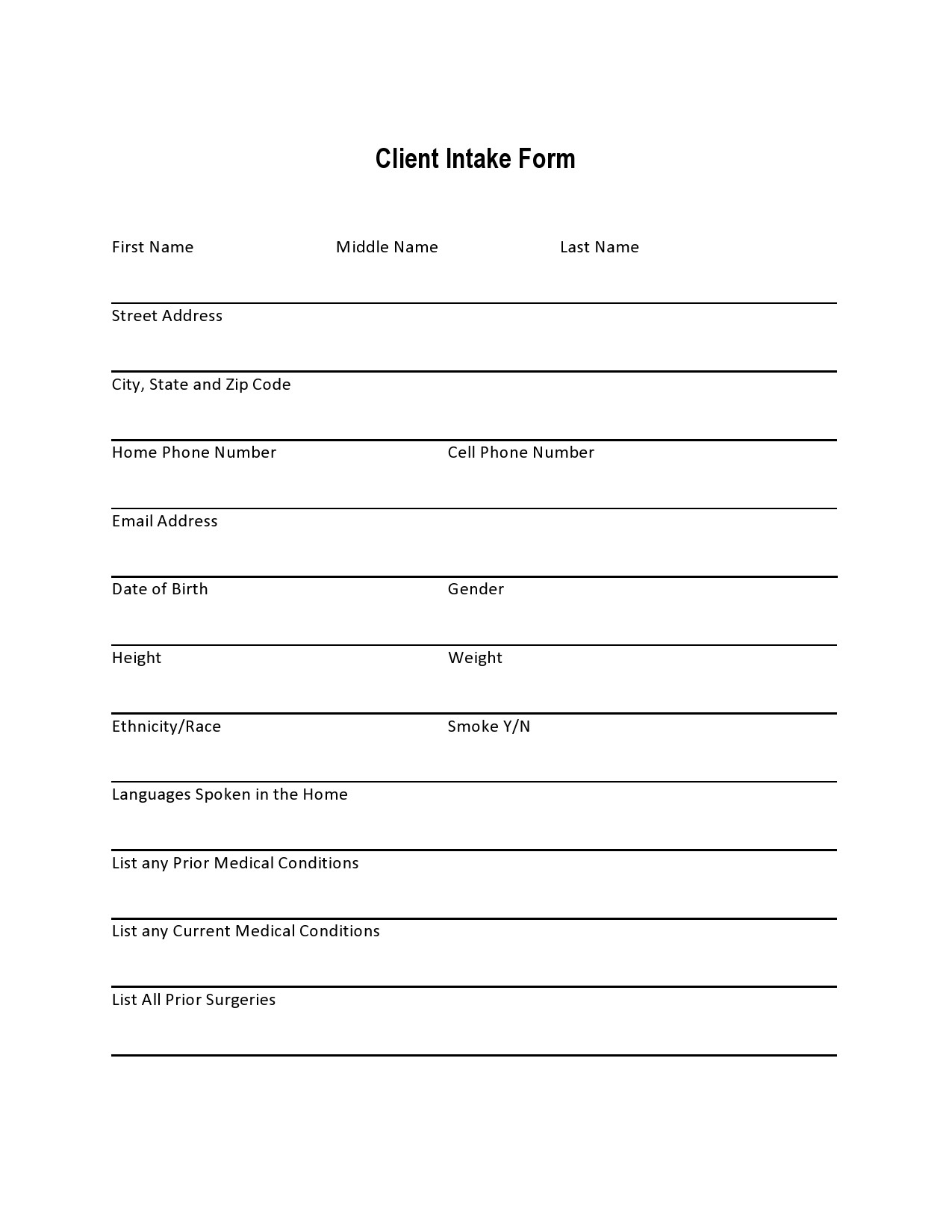 printable client intake form template