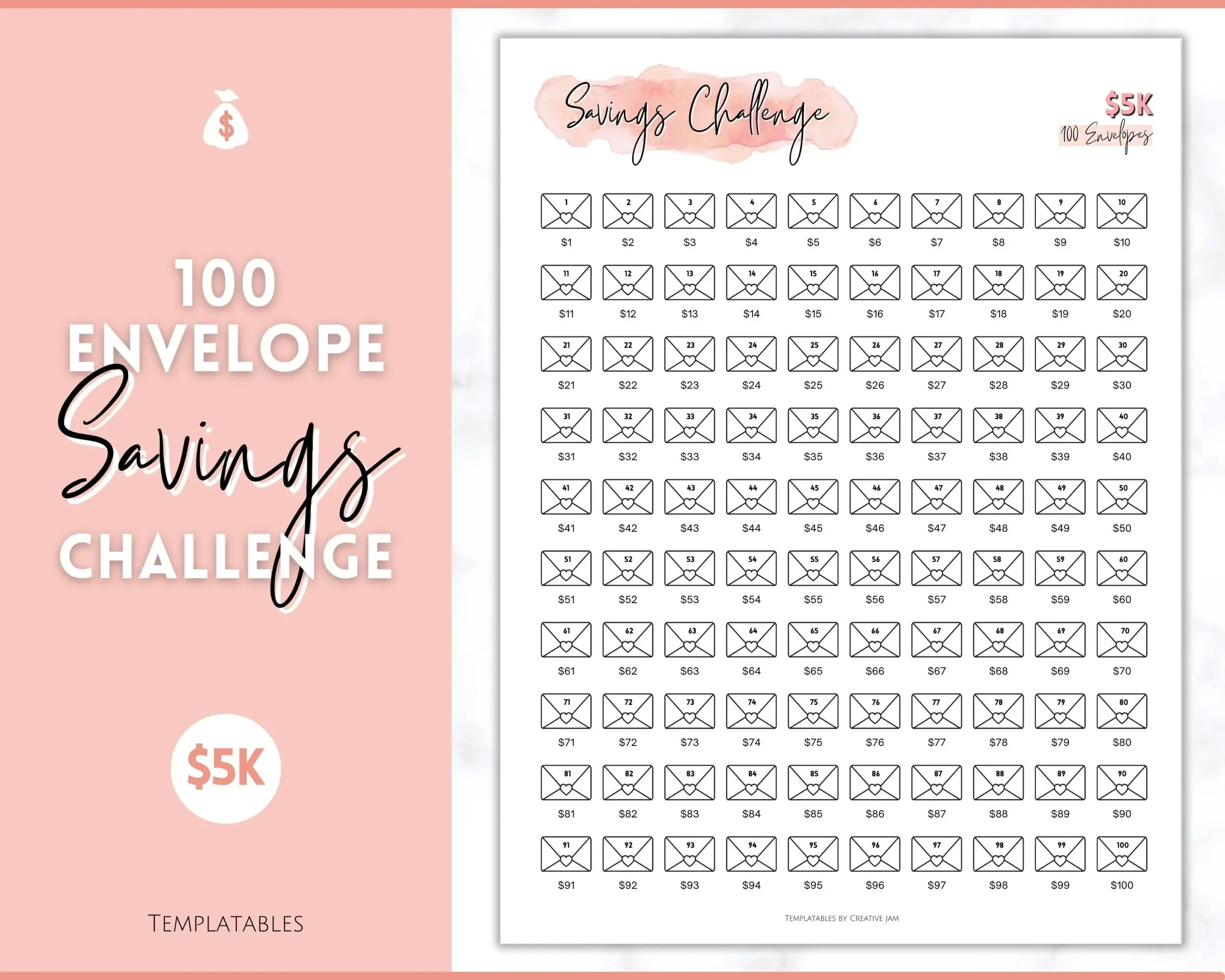 5k 100 Envelope Challenge Printable 5000 Pink