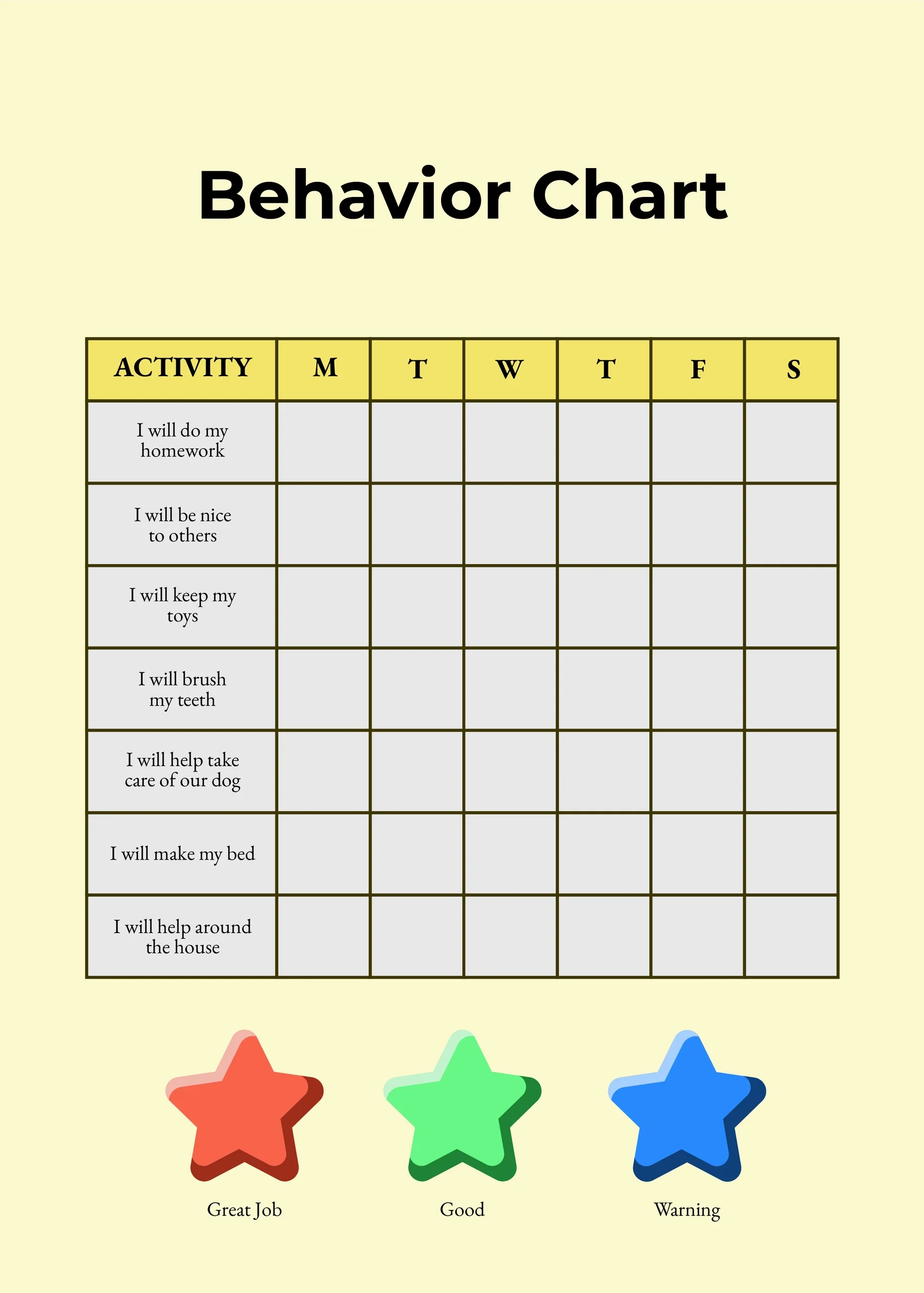 weekly behavior chart printable