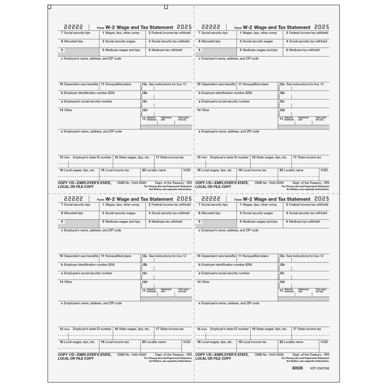 80026 Form W 2 Employer State Local File Copies 1 D 4up Quadrants Greatland