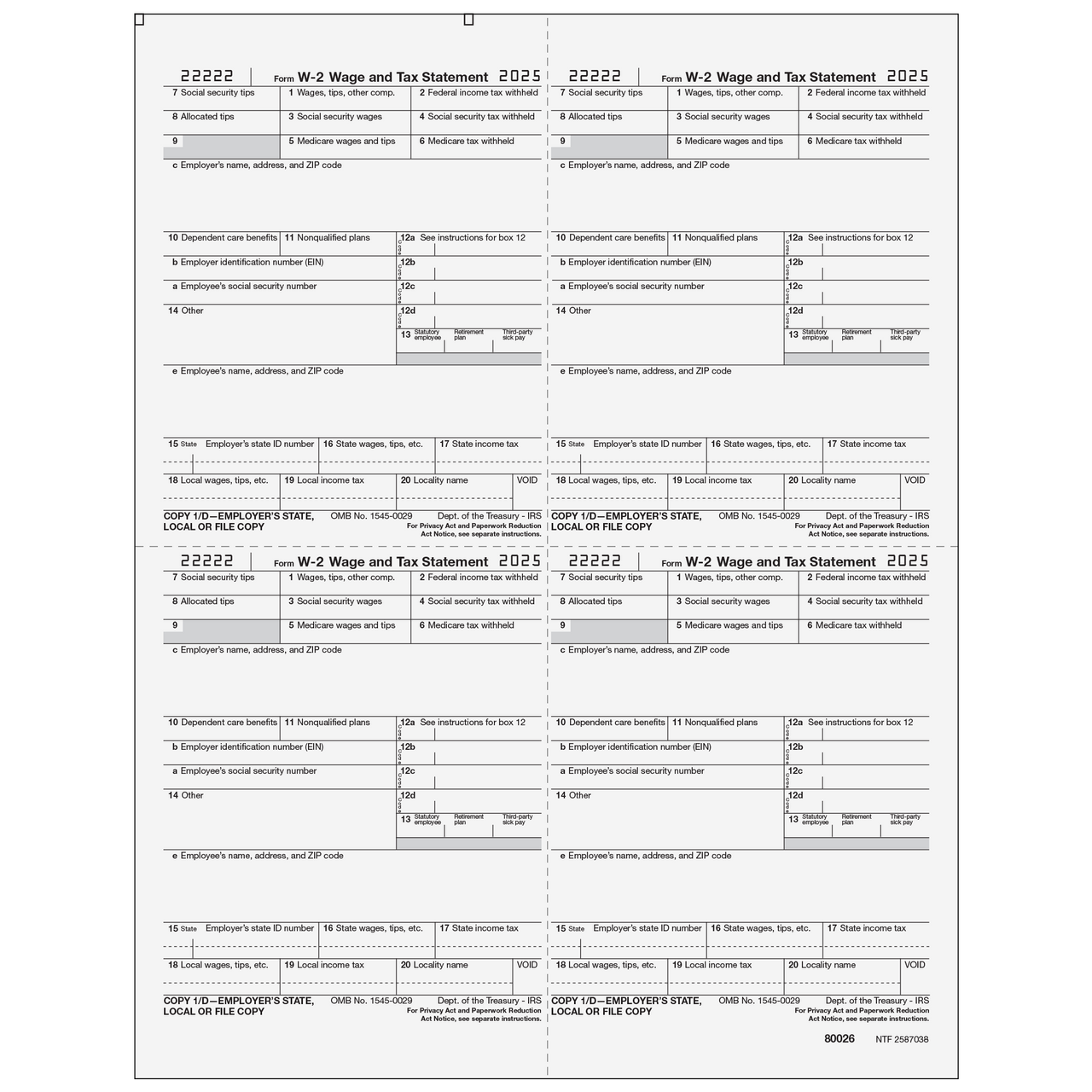 80026 Form W 2 Employer State Local File Copies 1 D 4up Quadrants Greatland