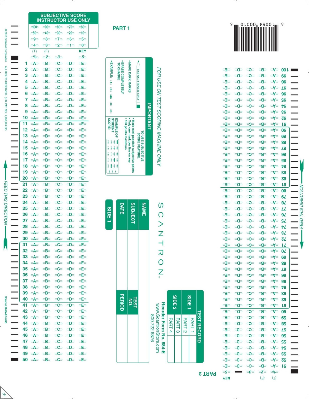 884 E 200QUS X 5 ALPHA 8X11 2 SIDES 500 PKG Scantron