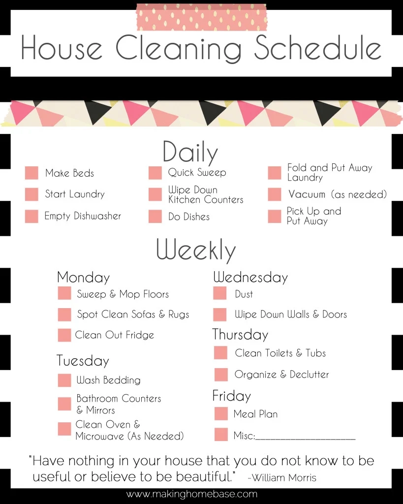 A Basic Cleaning Schedule Checklist Printable