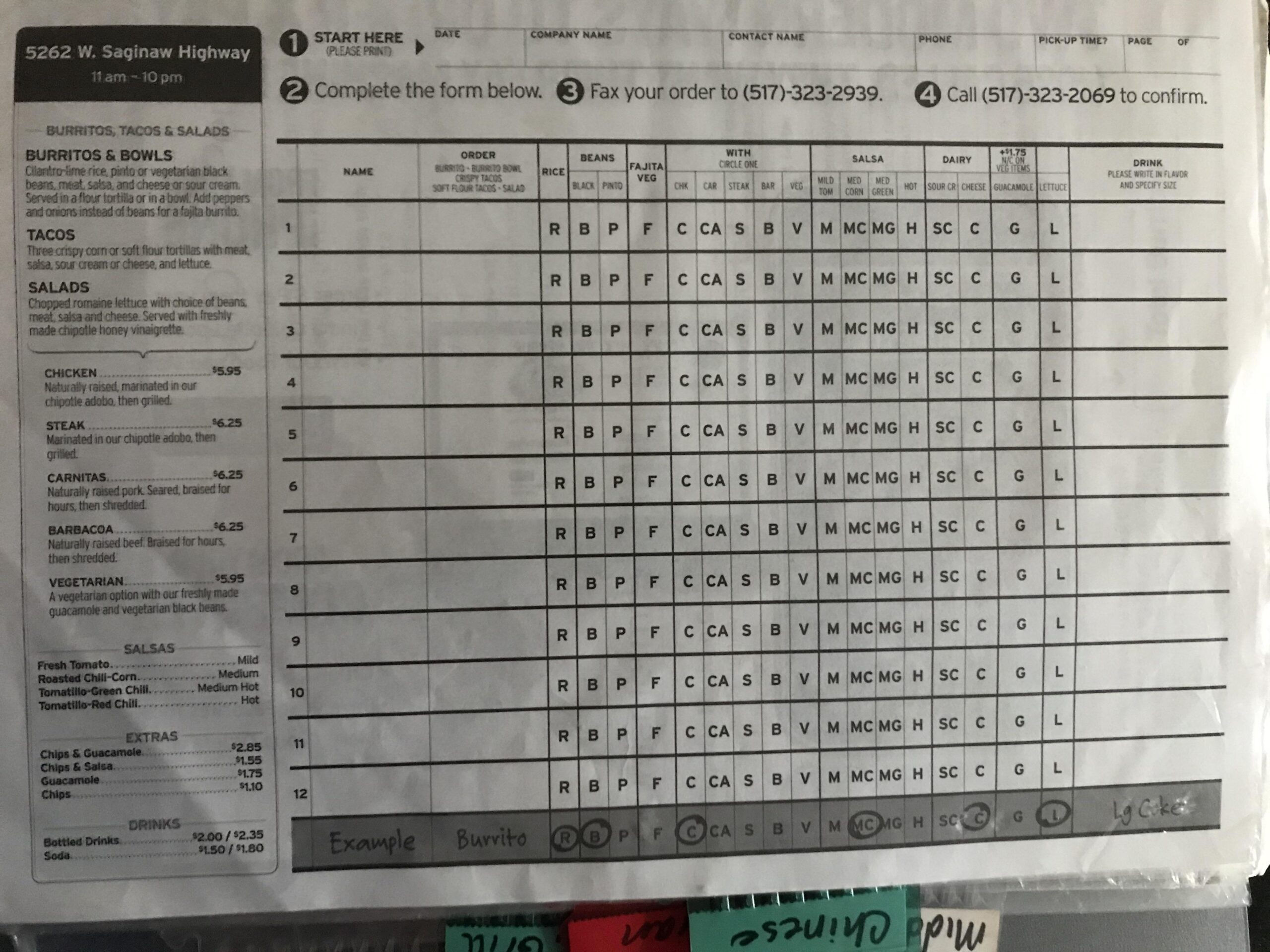 printable chipotle order form