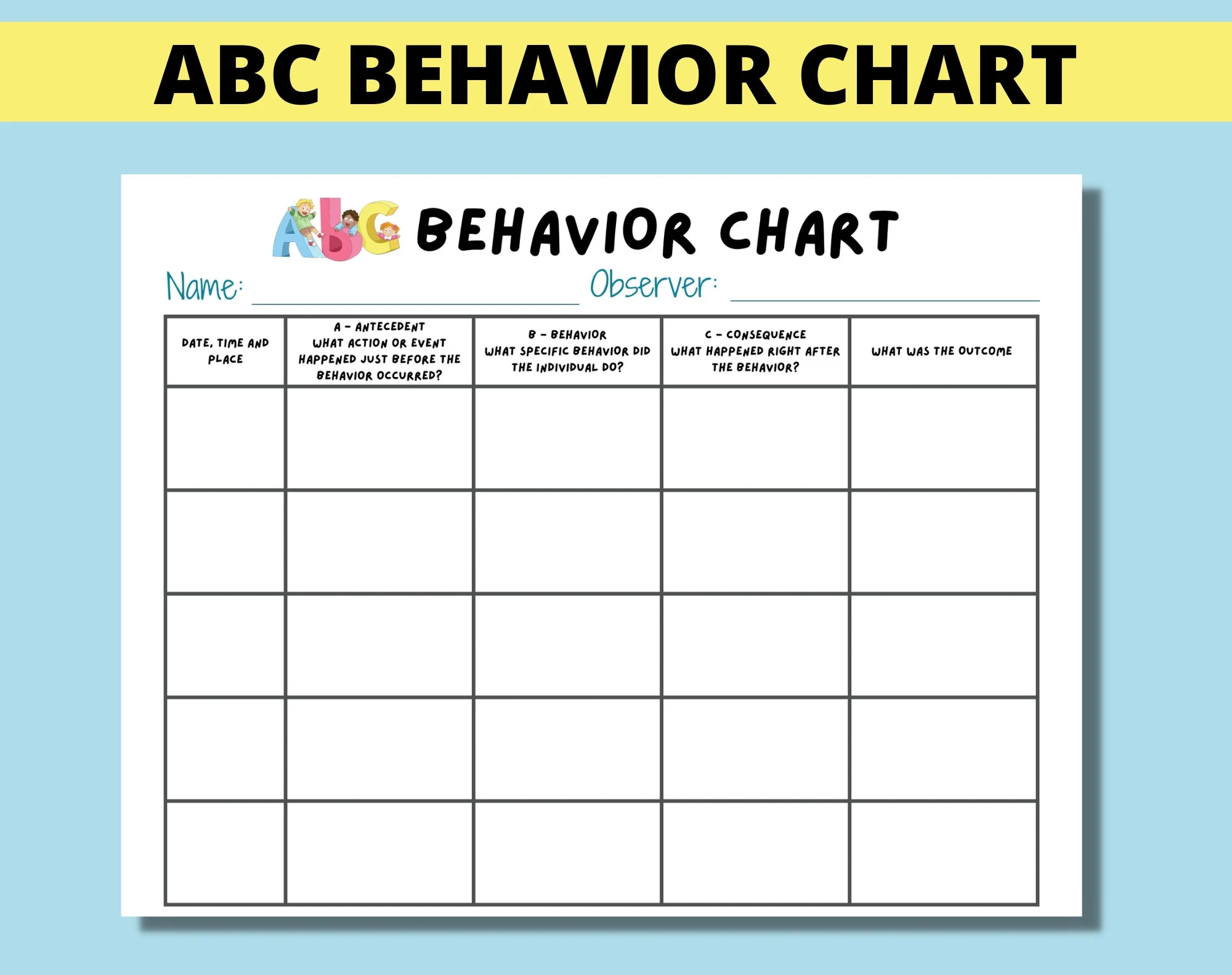 ABC Behavior Chart Printable For Kids Parents Classroom ABC Behavior Consequence Analysis Antecedent Behavior Consequence Chart Etsy