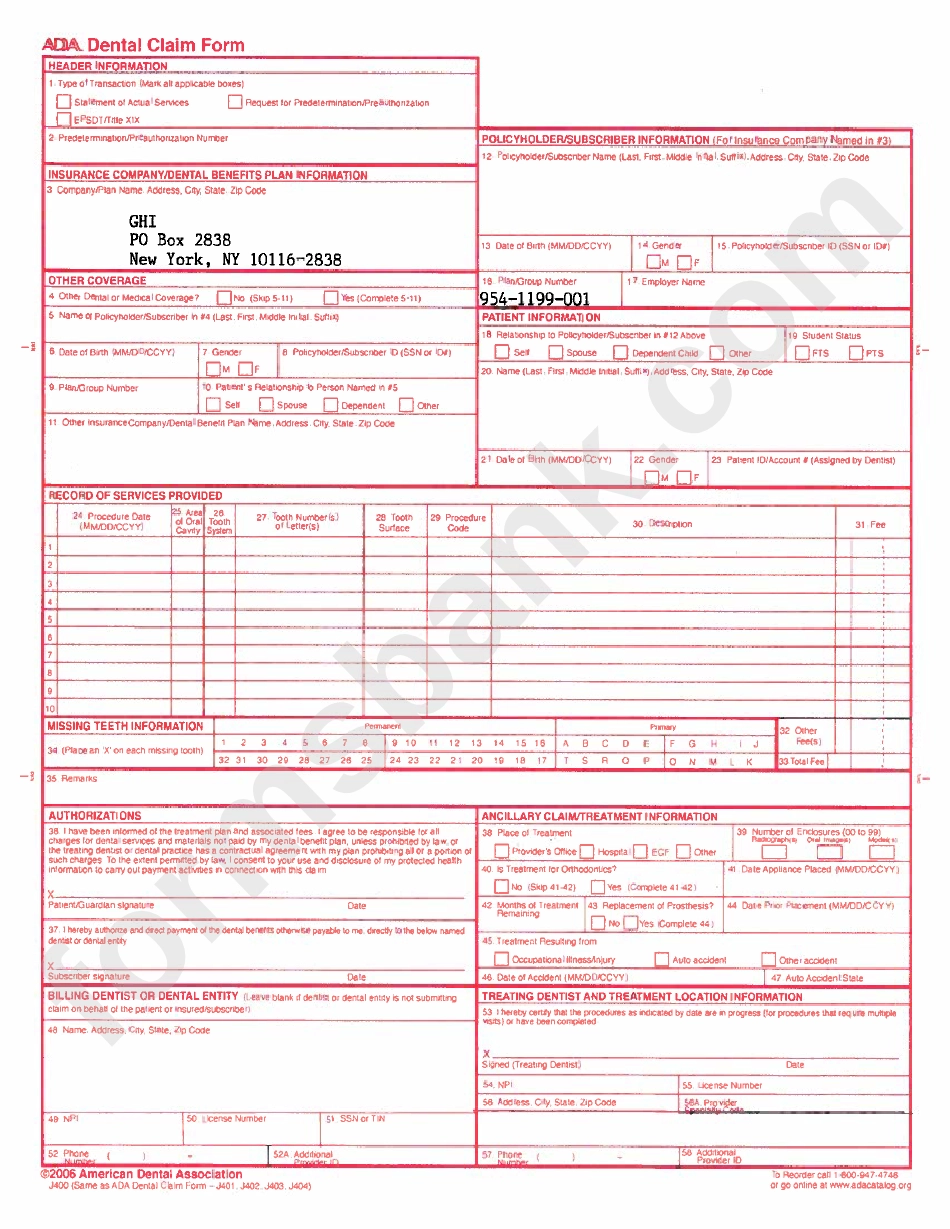 free printable ada dental claim form