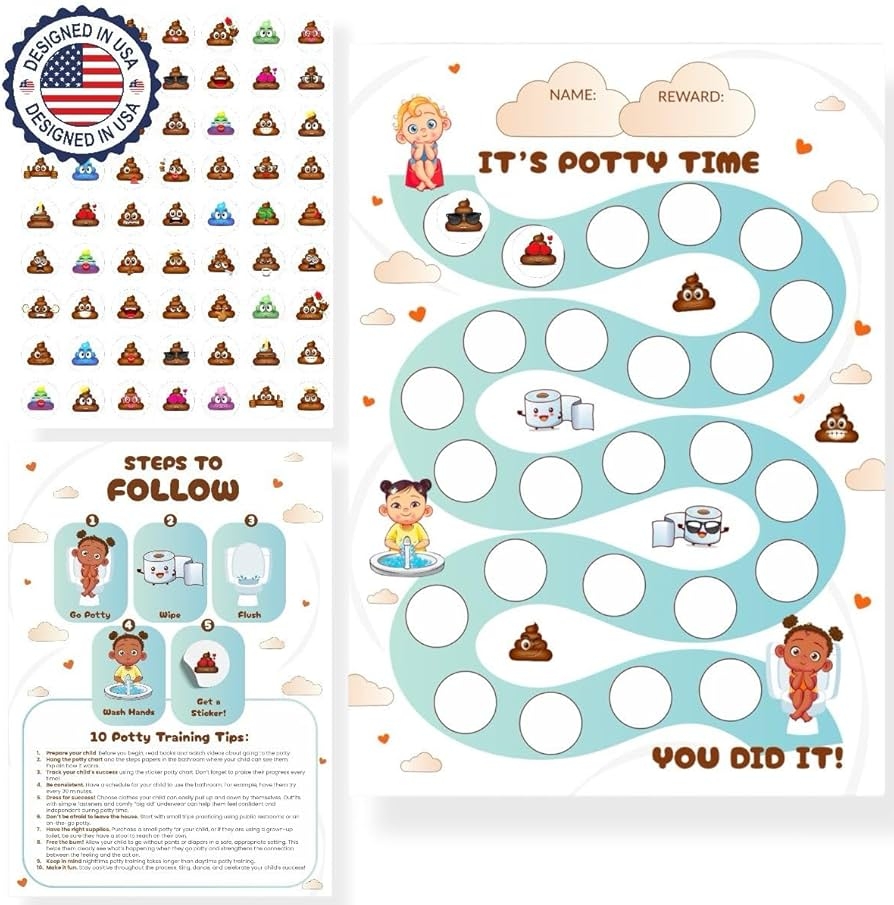 Amazon Potty Training Chart For Toddlers Boys And Girls Including Fun Reward Poop Stickers 10 Potty Sticker Chart For Kids And Over 300 Stickers For Toilet Training Success Baby