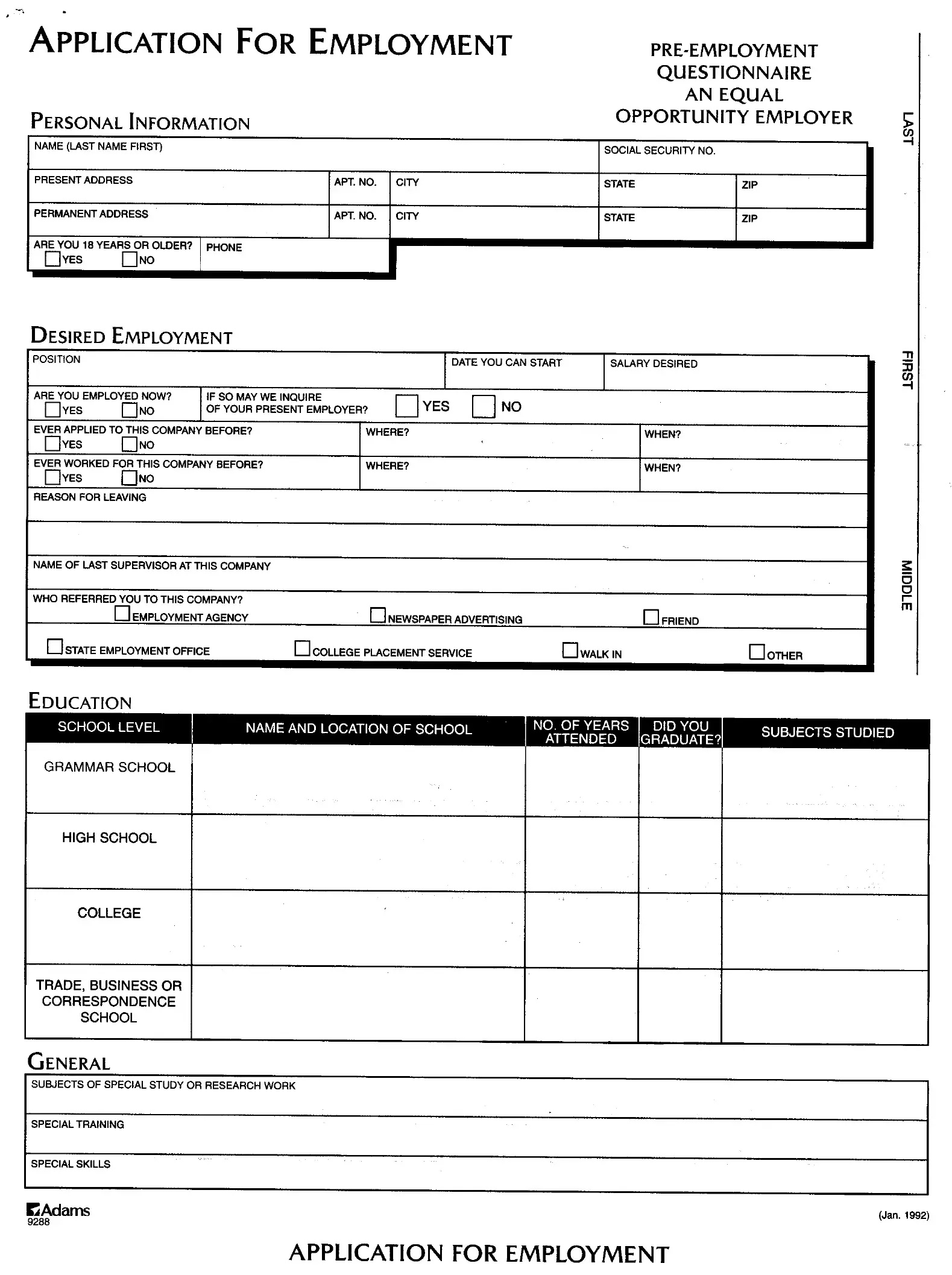 application for employment form printable