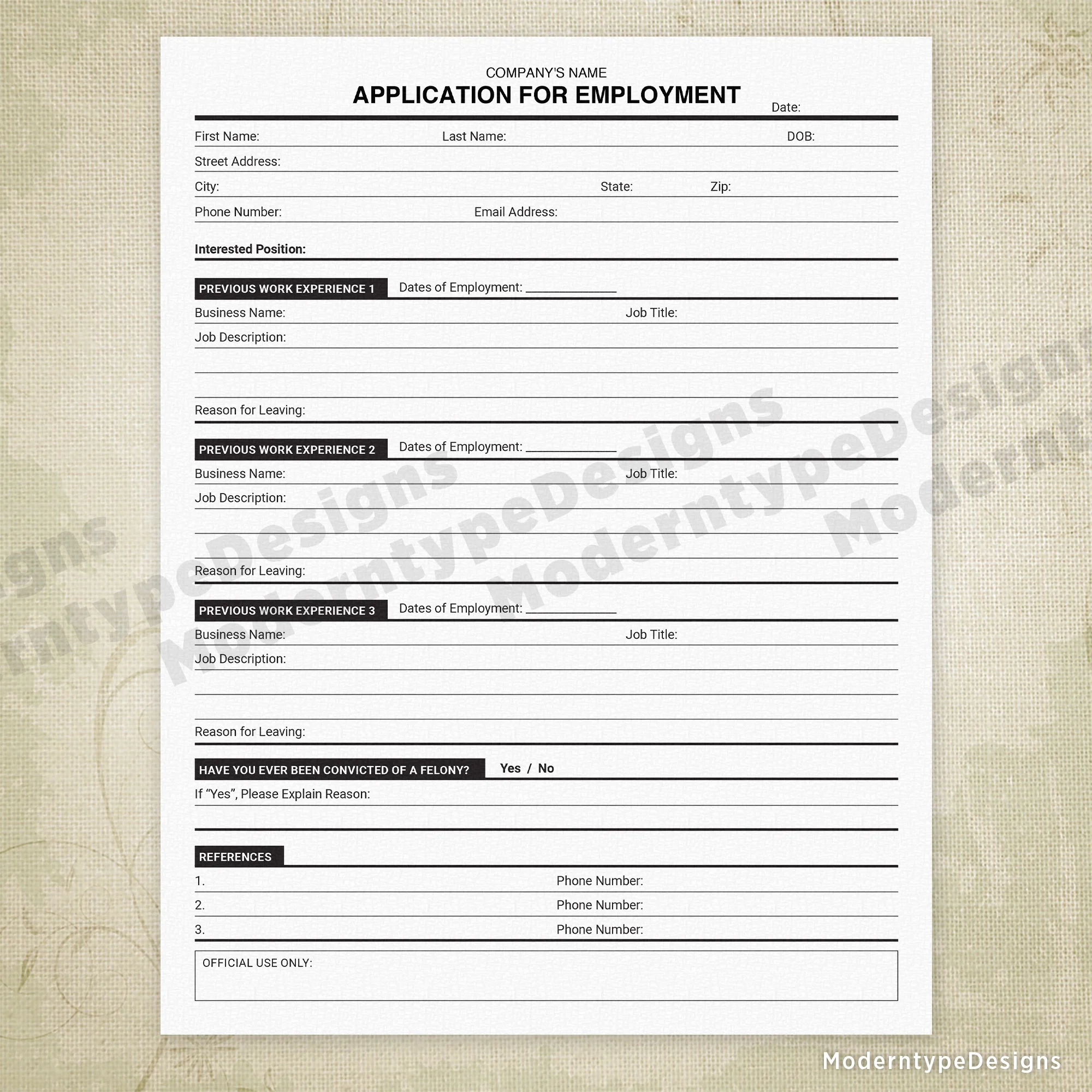 printable job application form