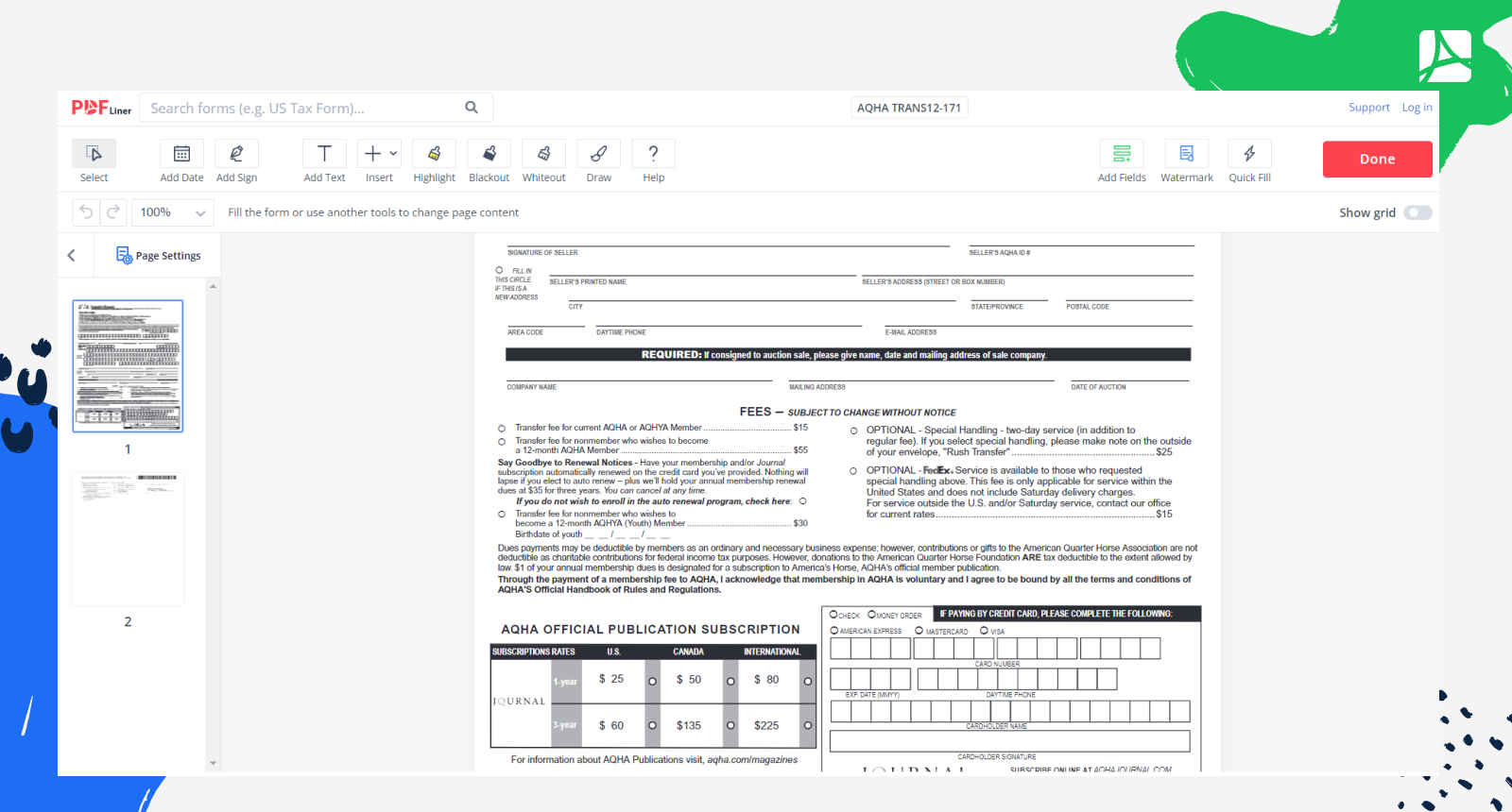 AQHA Transfer Form Printable PDF Blank Sign Online PDFliner