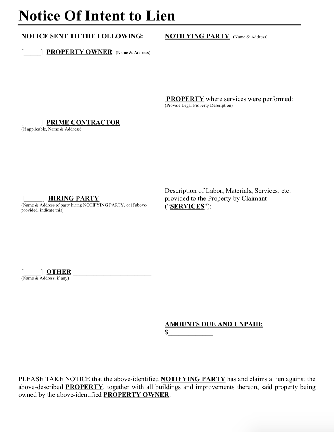 printable intent to lien form